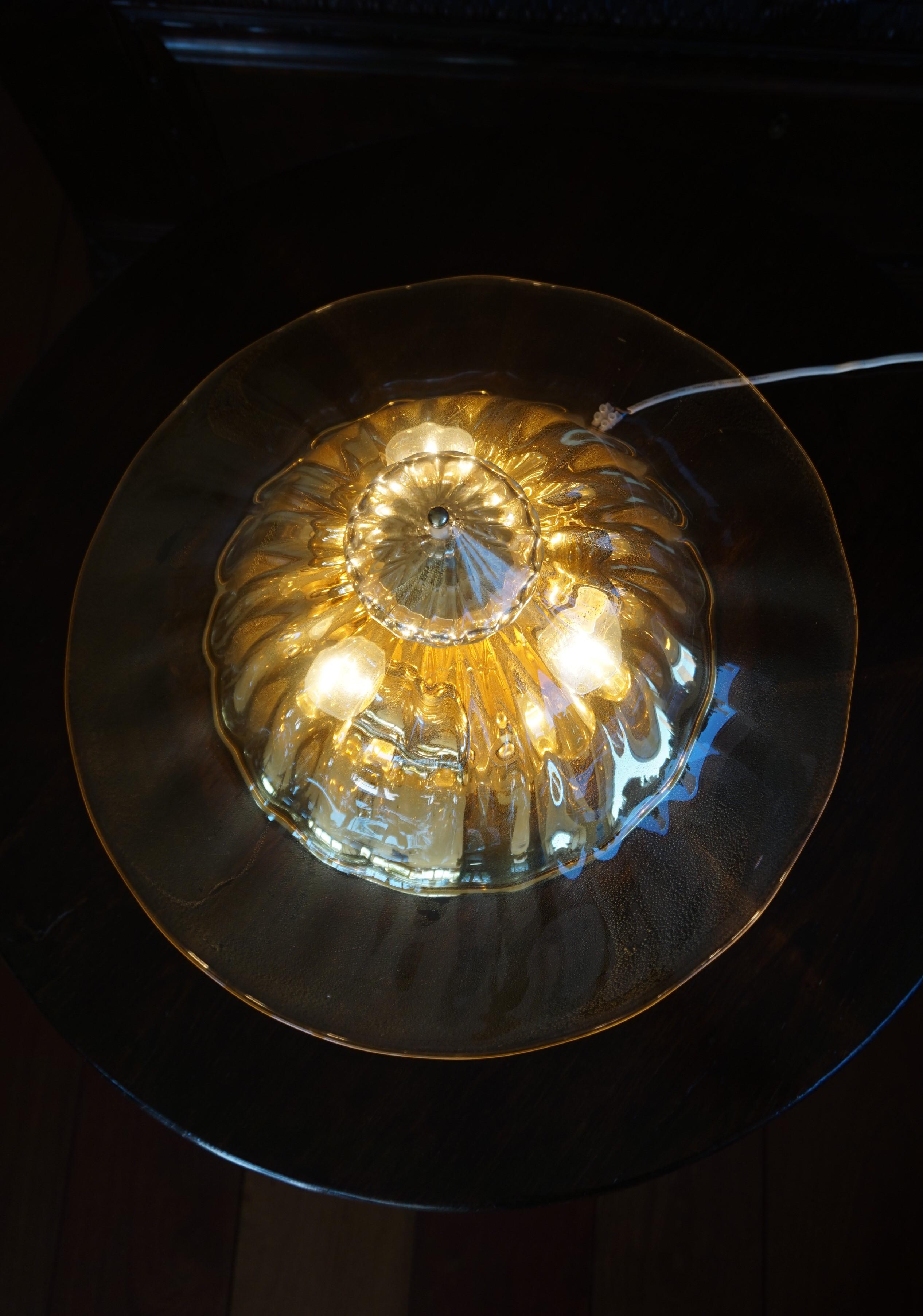 Italian Rare and Large 1980s Mouthblown Three-Light Murano Flush Mount with Gold Flakes For Sale