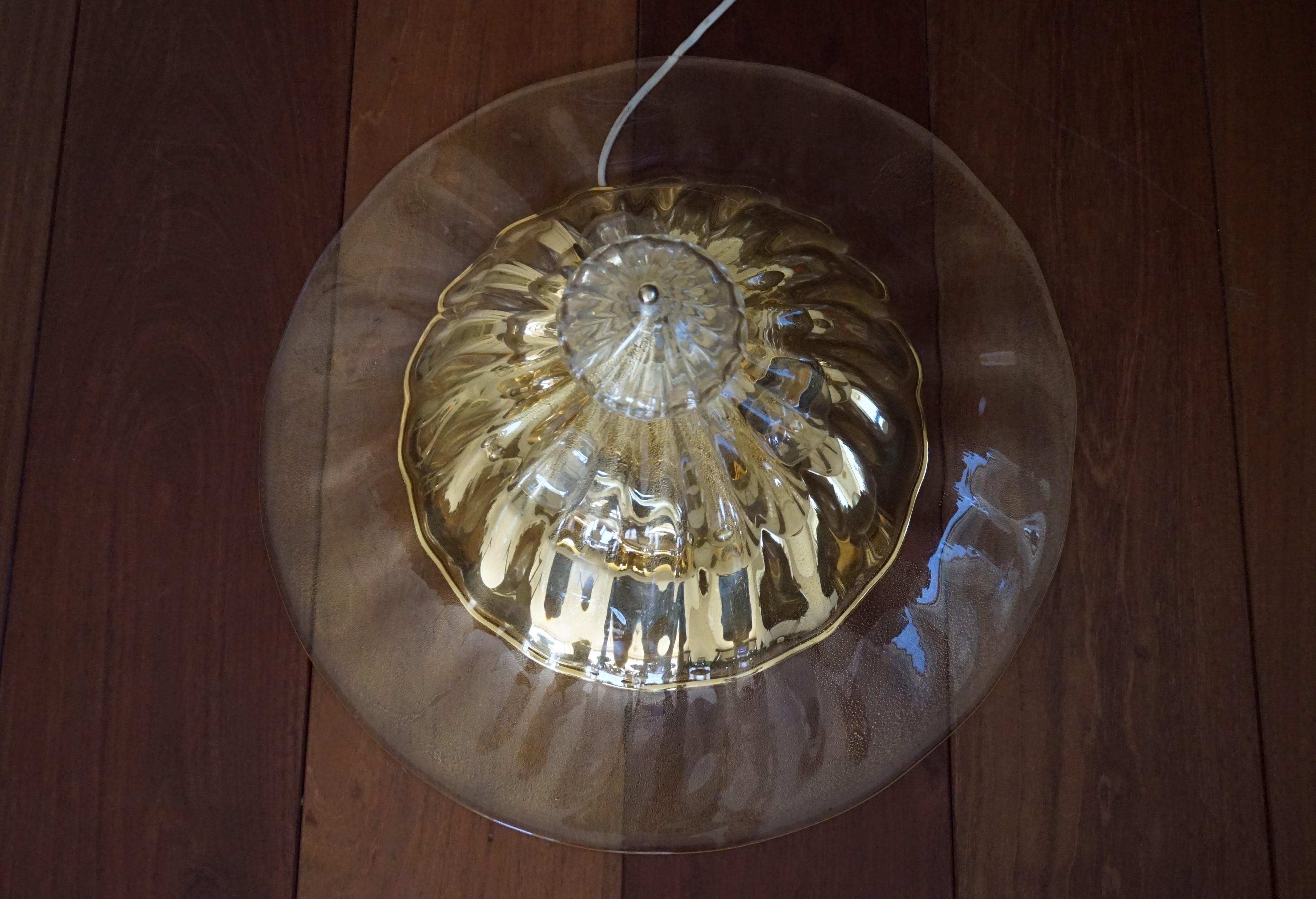 Hand-Crafted Rare and Large 1980s Mouthblown Three-Light Murano Flush Mount with Gold Flakes For Sale