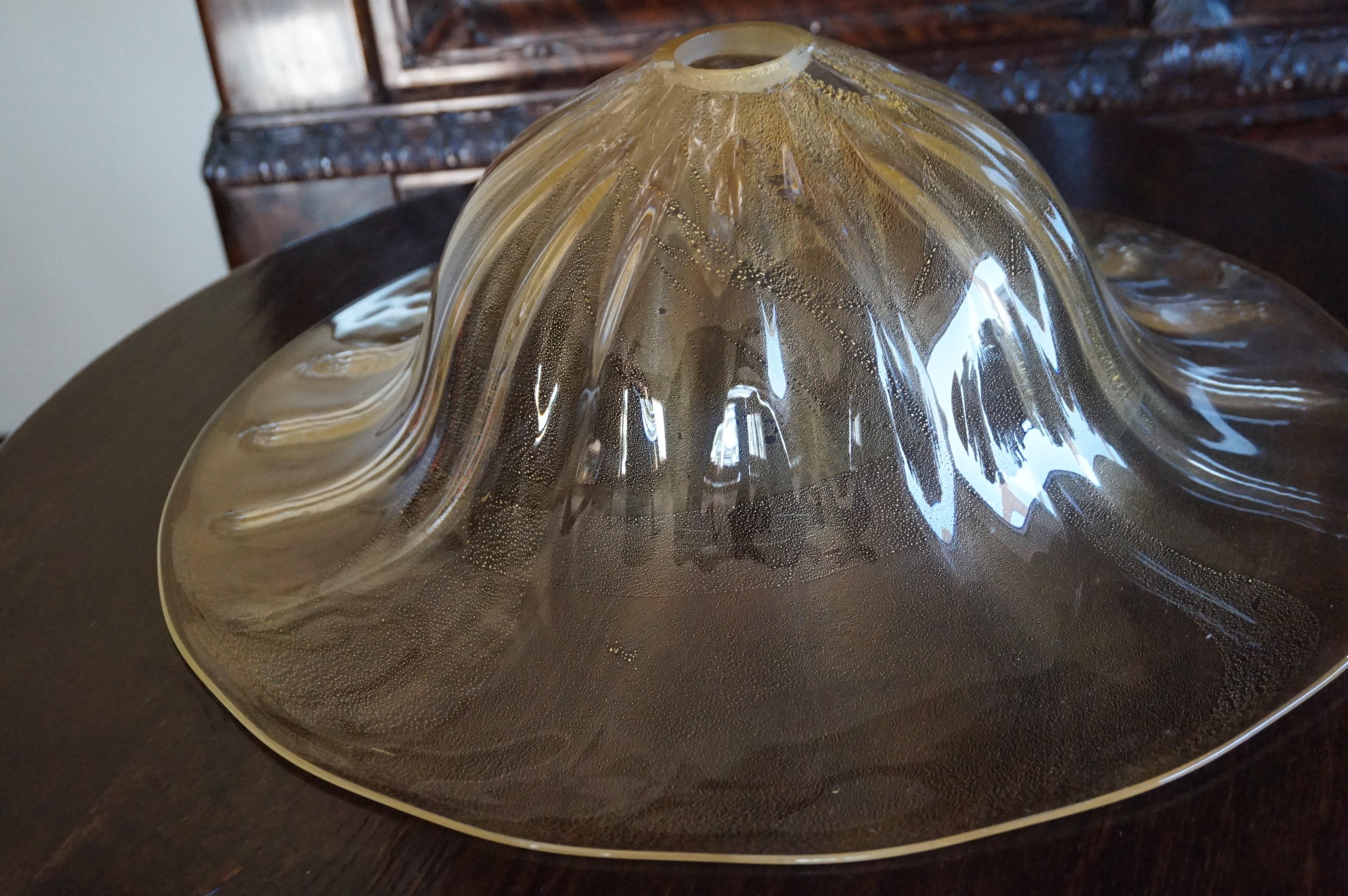 20th Century Rare and Large 1980s Mouthblown Three-Light Murano Flush Mount with Gold Flakes For Sale