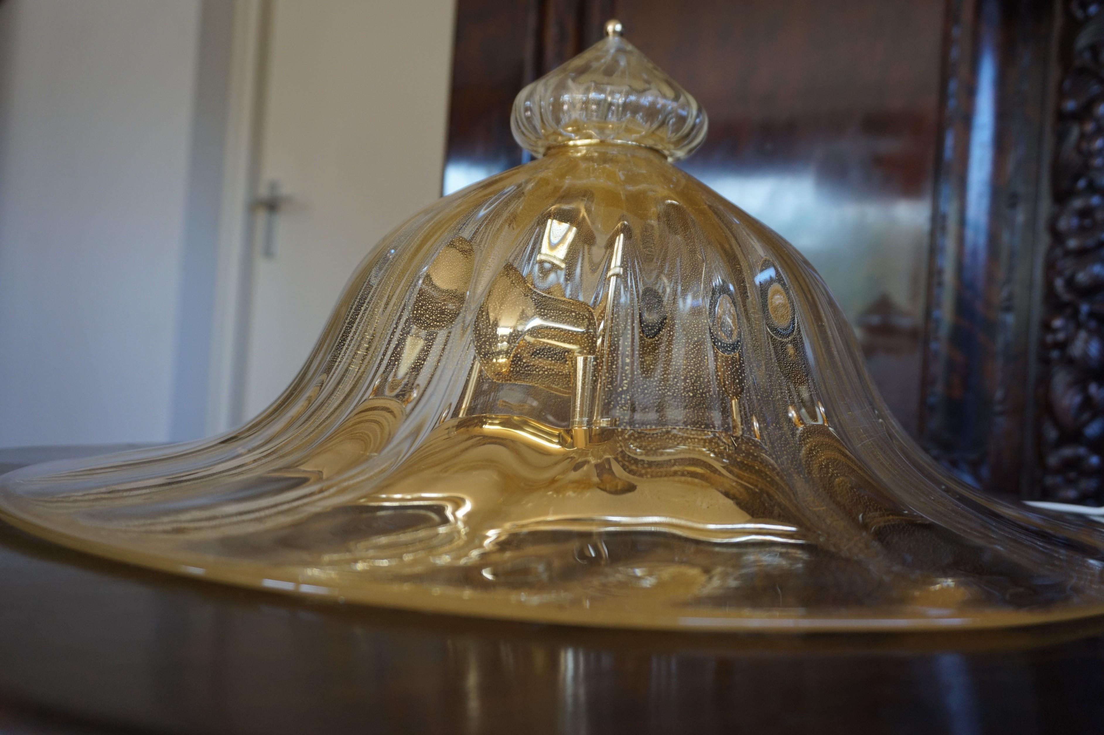 Rare and Large 1980s Mouthblown Three-Light Murano Flush Mount with Gold Flakes For Sale 1