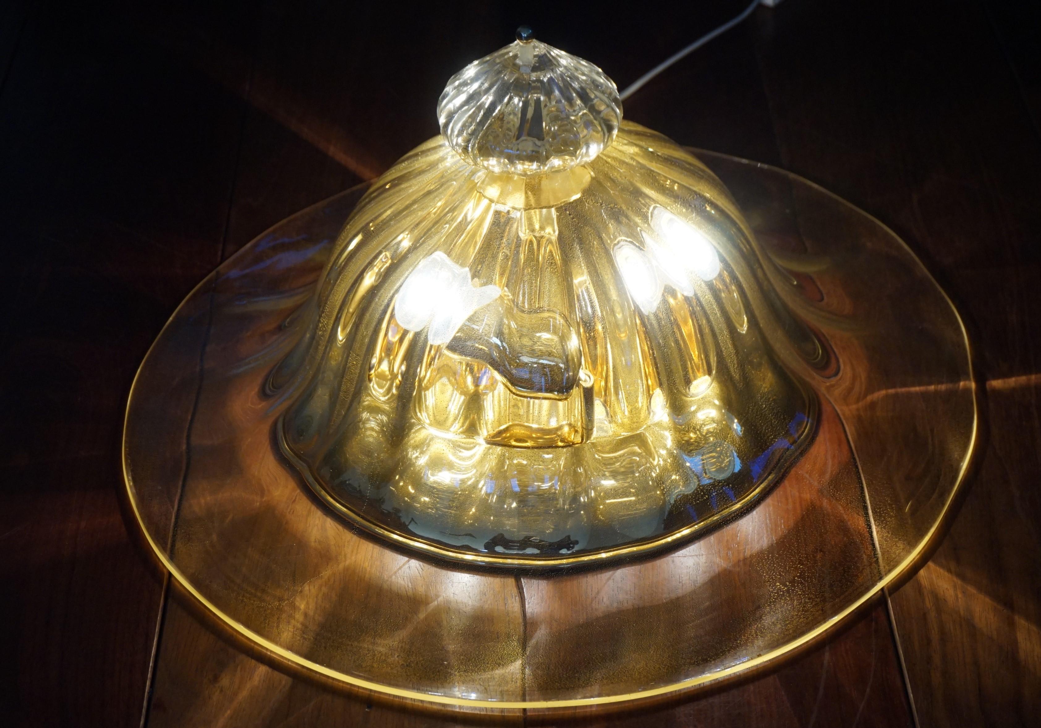 Rare and Large 1980s Mouthblown Three-Light Murano Flush Mount with Gold Flakes For Sale 3