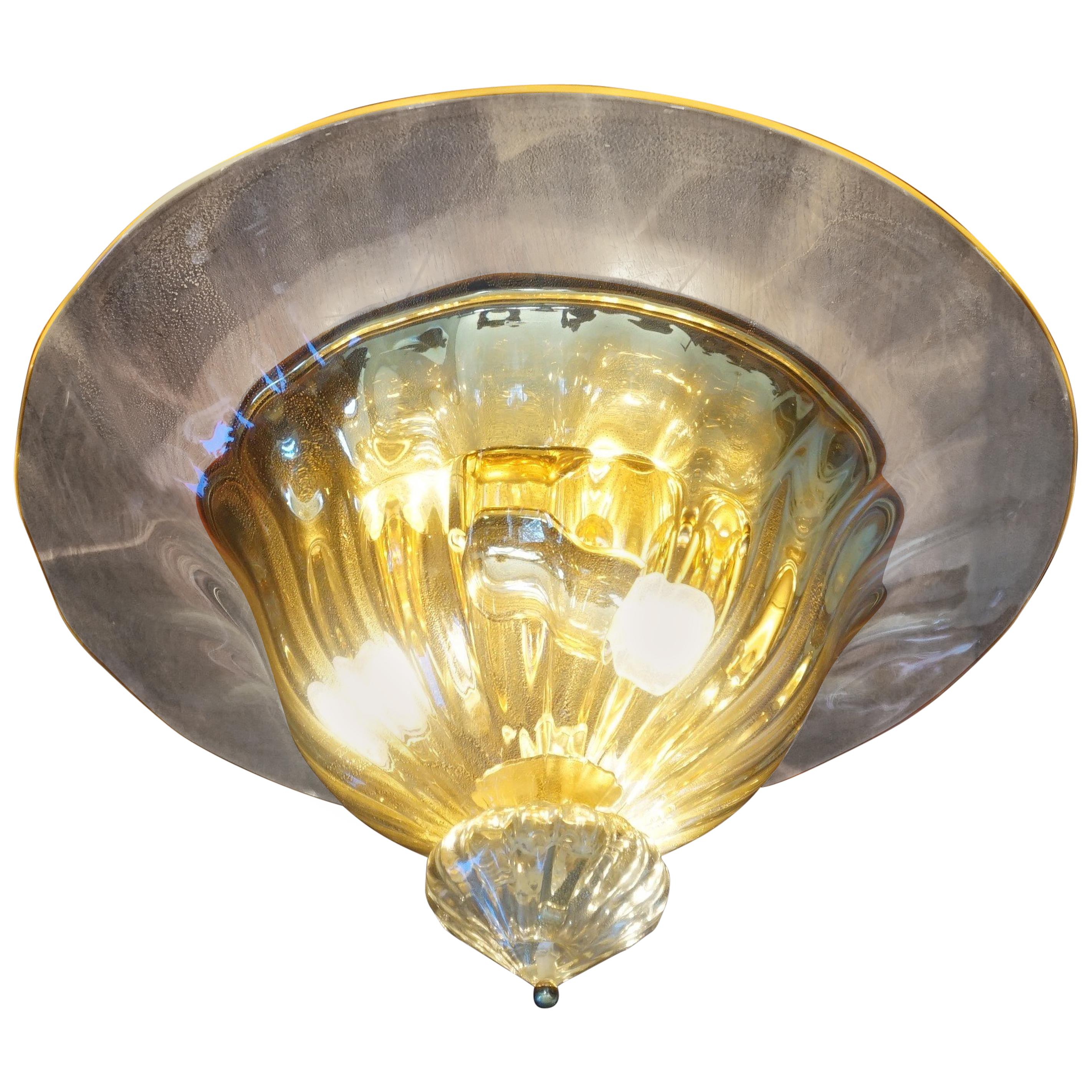 Rare and Large 1980s Mouthblown Three-Light Murano Flush Mount with Gold Flakes For Sale