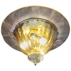 Rare and Large 1980s Mouthblown Three-Light Murano Flush Mount with Gold Flakes