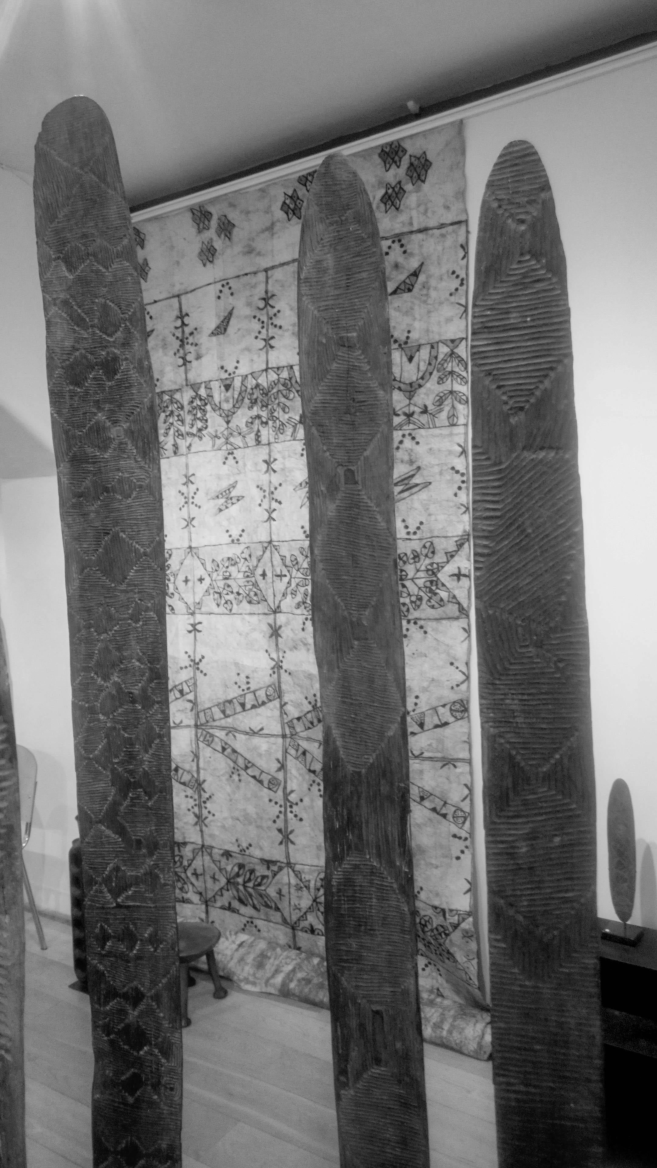 A Clan Churinga, stone carved, beautiful patina on both sides from rubbing during Aboriginal ceremonies. Deep vertical and linear carved design, done with a possum tooth or kangaroo claw. Remnants of ochre
Churingas were sacred totemic items rarely