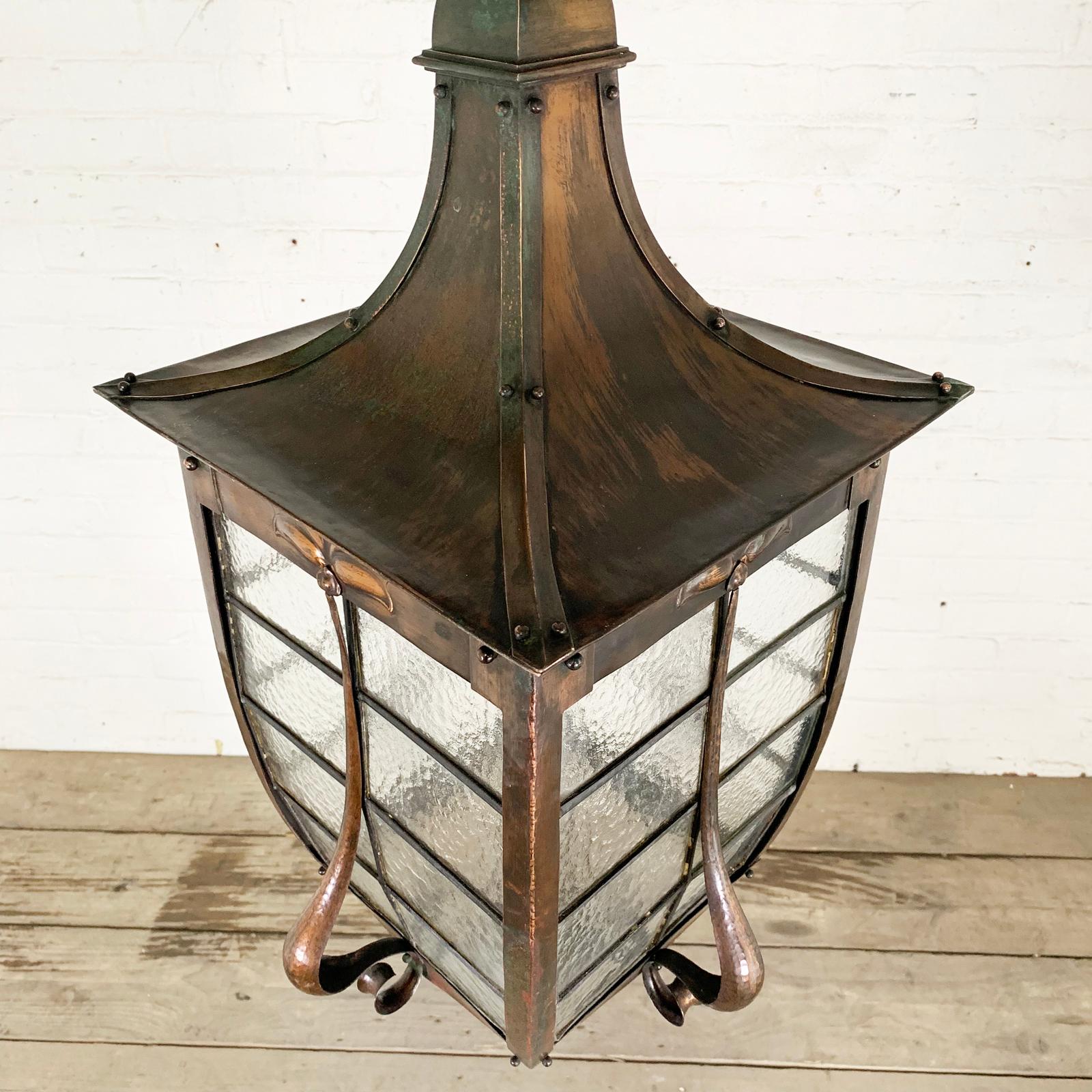Glass Rare and Large Antique Arts & Crafts Copper Lantern