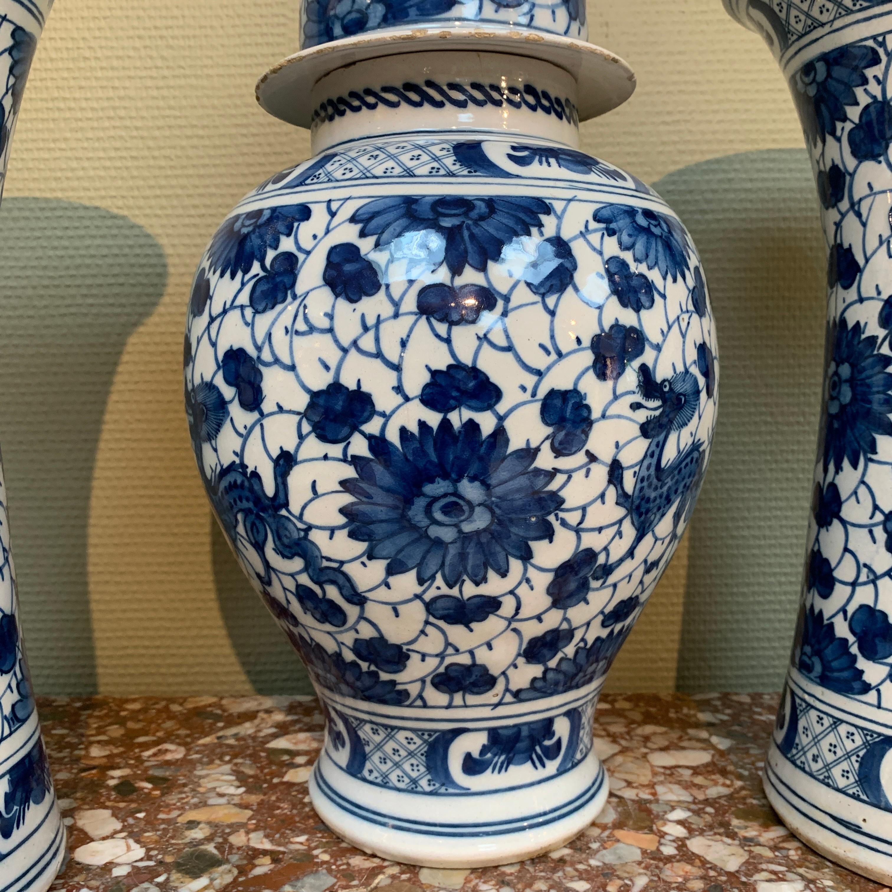 Rare and Large Dutch Delft Dragons Three Piece Garniture Vases Set, Early 18th C 8