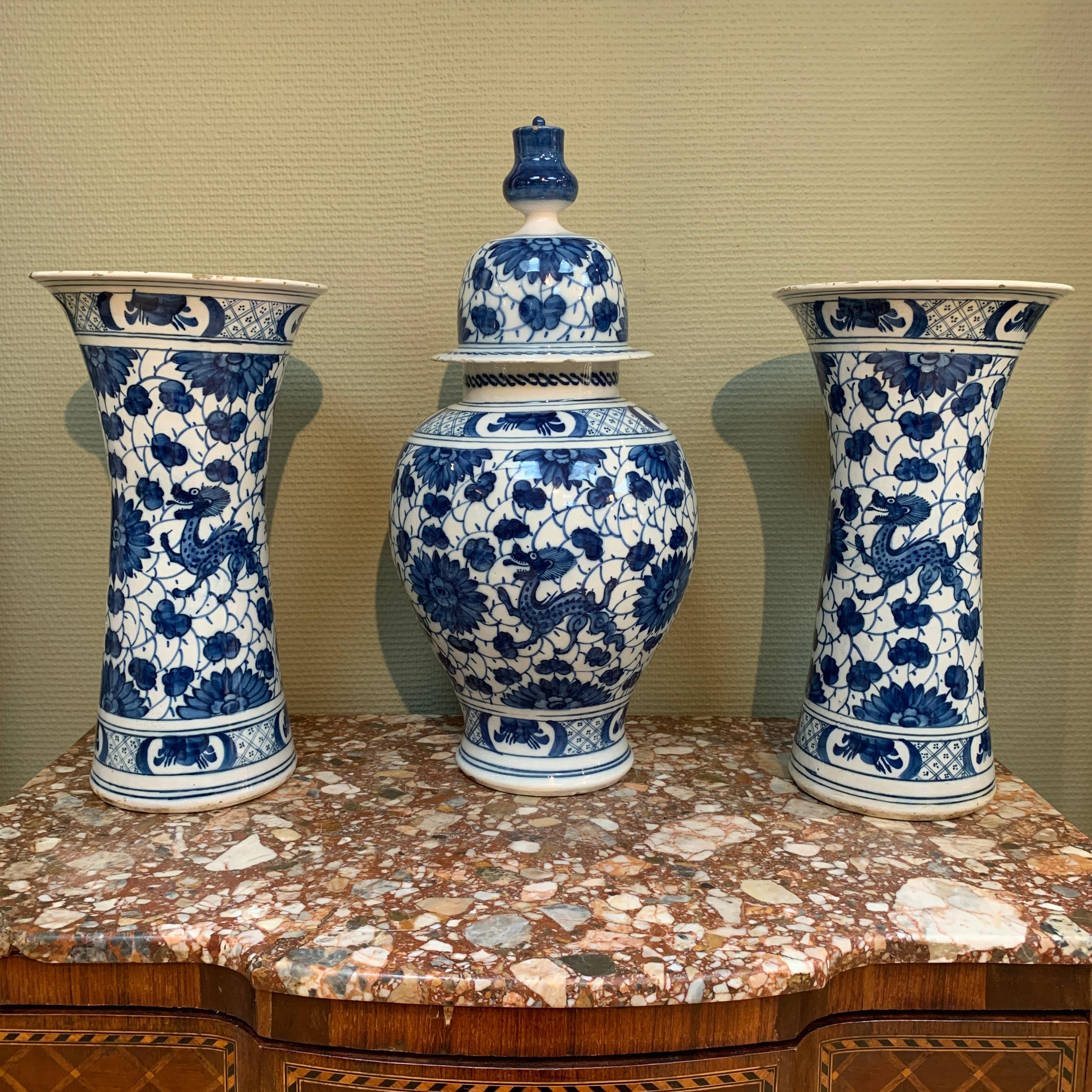 Baroque Rare and Large Dutch Delft Dragons Three Piece Garniture Vases Set, Early 18th C