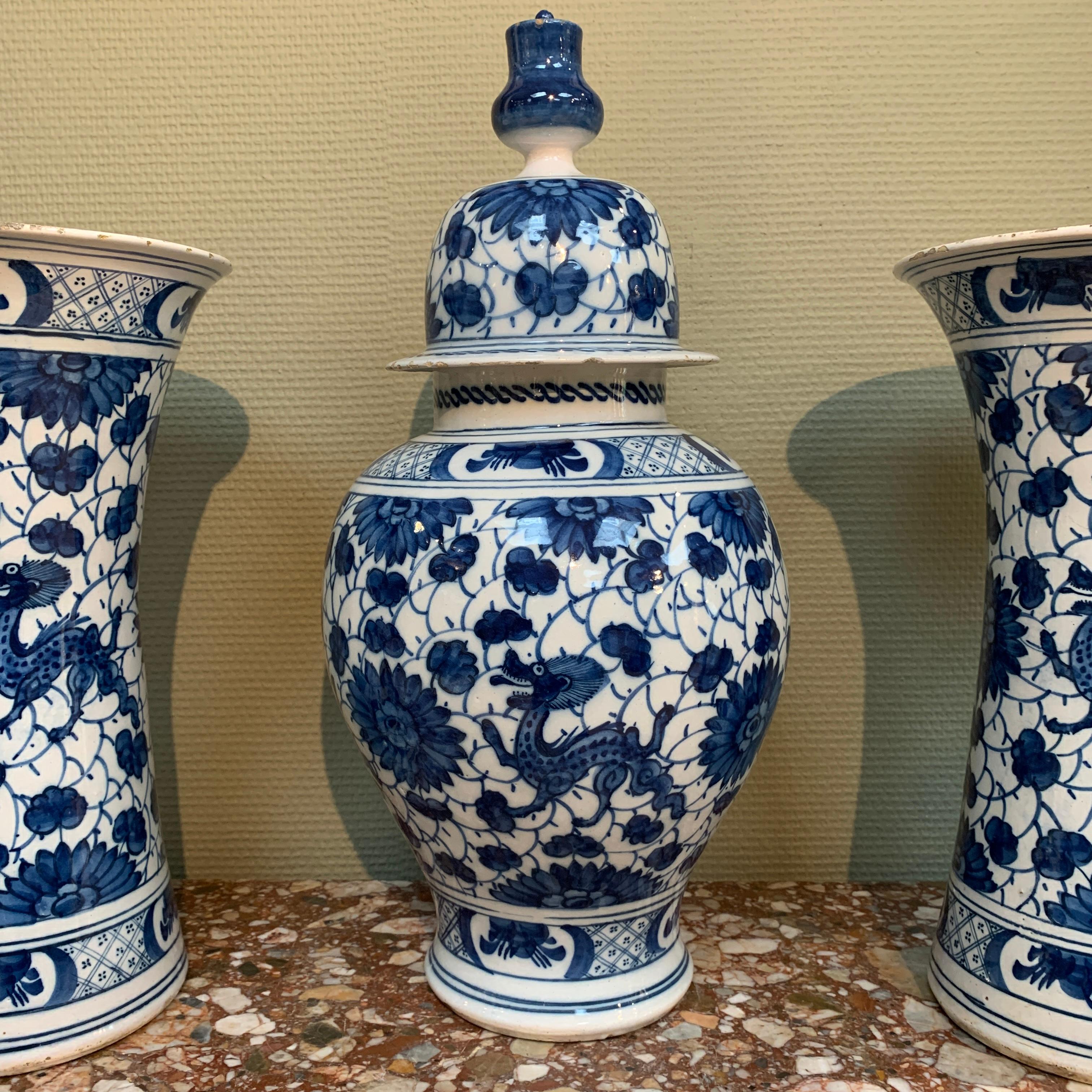 Glazed Rare and Large Dutch Delft Dragons Three Piece Garniture Vases Set, Early 18th C