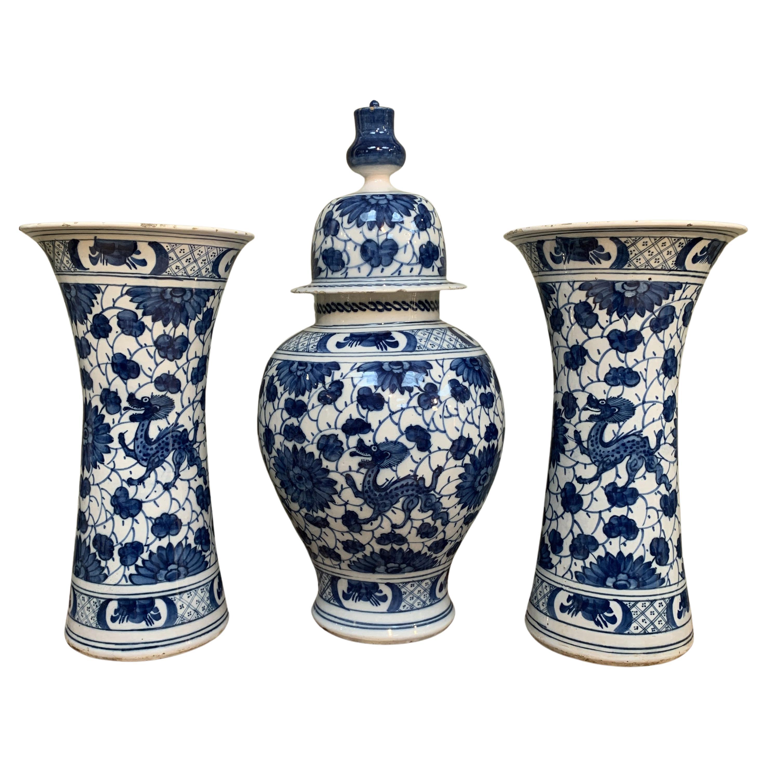 Rare and Large Dutch Delft Dragons Three Piece Garniture Vases Set, Early 18th C