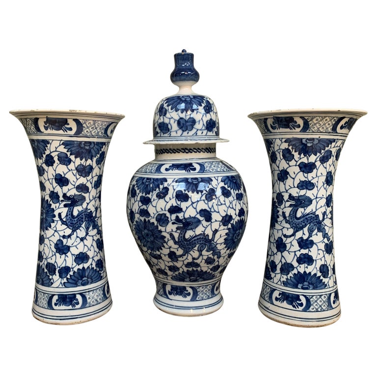 Rare and Large Dutch Delft Dragons Three Piece Garniture Vases Set, Early 18th C For Sale