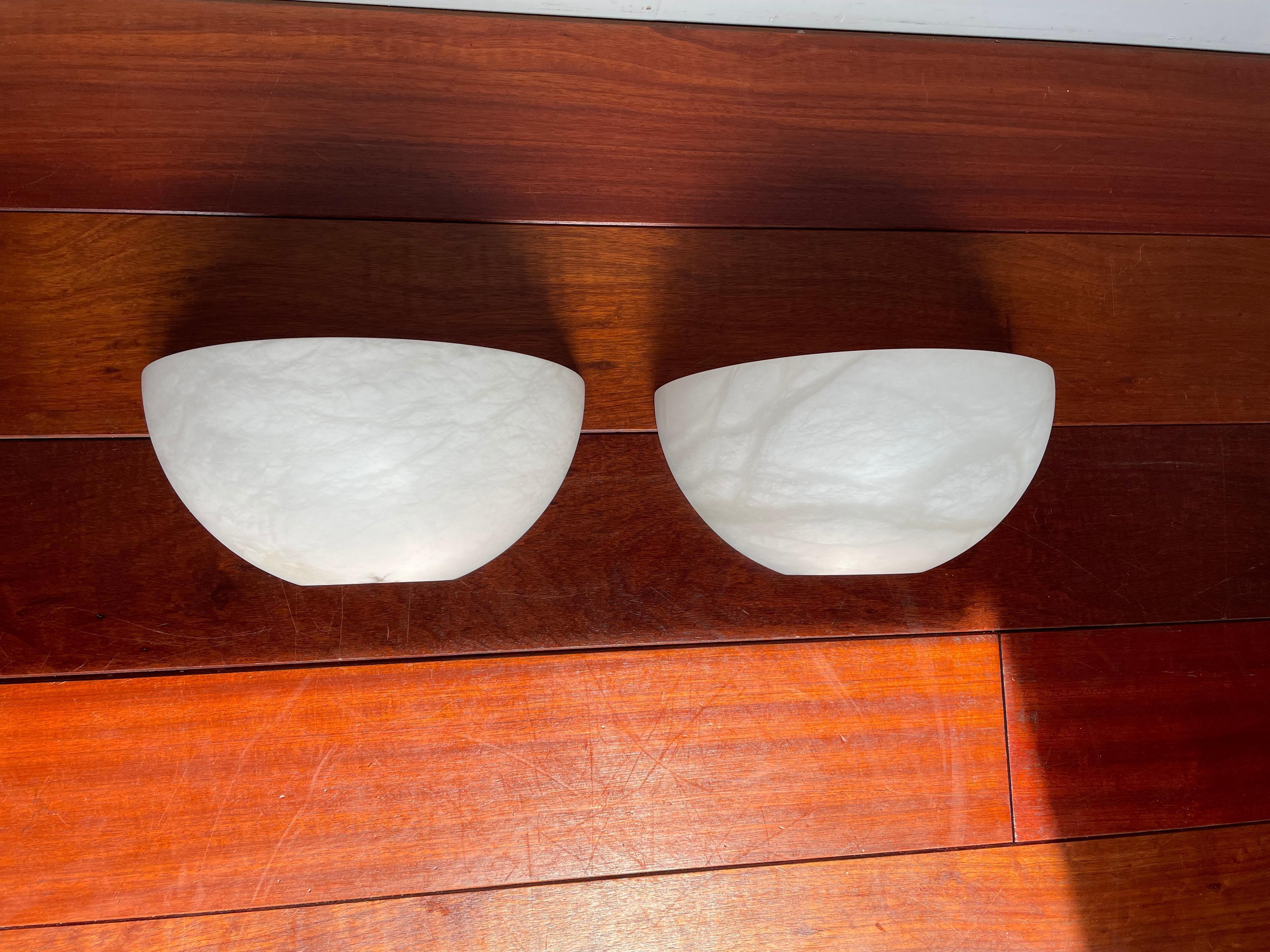 Rare and Large Midcentury Pair of Art Deco Style Alabaster & Glass Wall Sconces For Sale 8