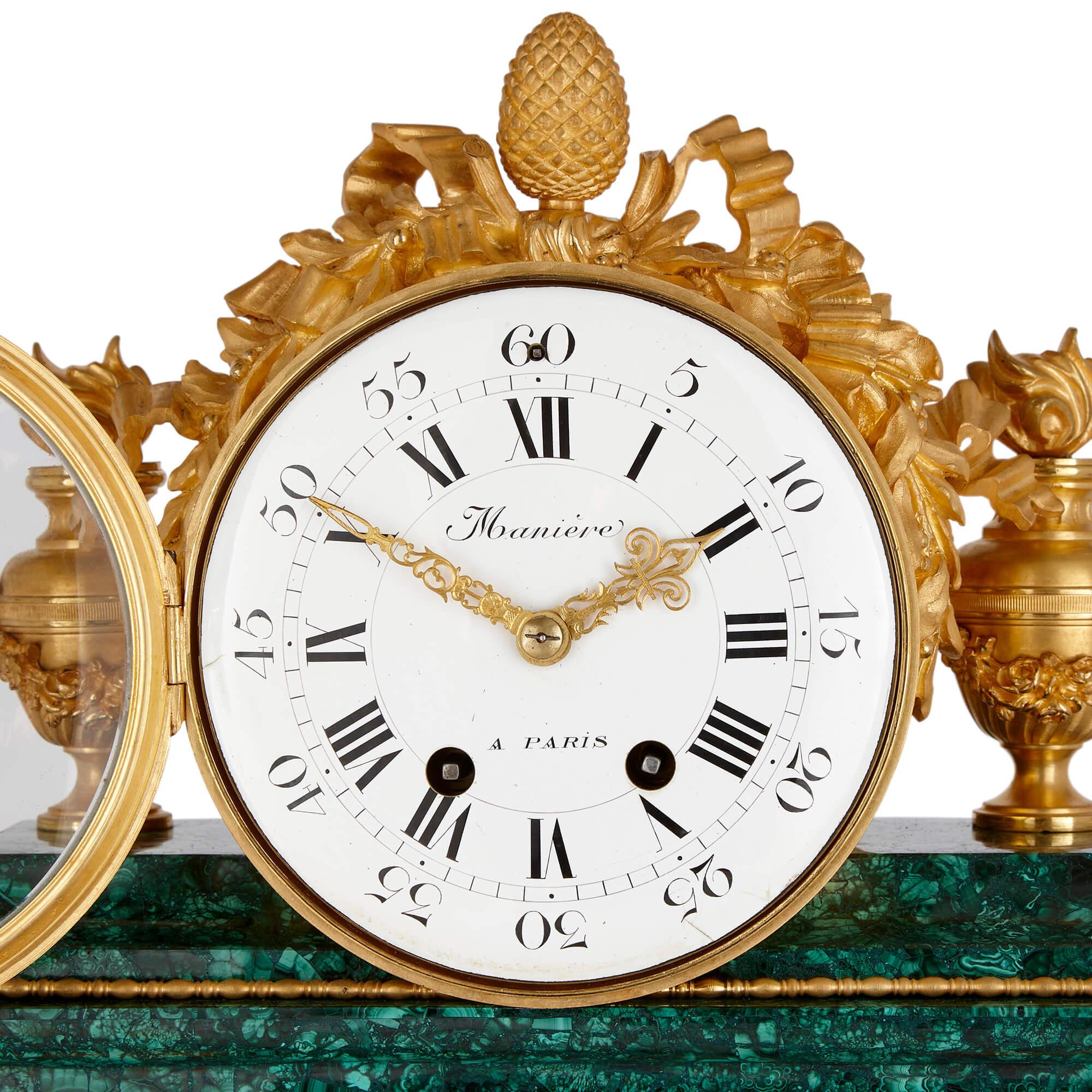 Neoclassical Rare and large ormolu mounted malachite mantel clock signed Manière For Sale