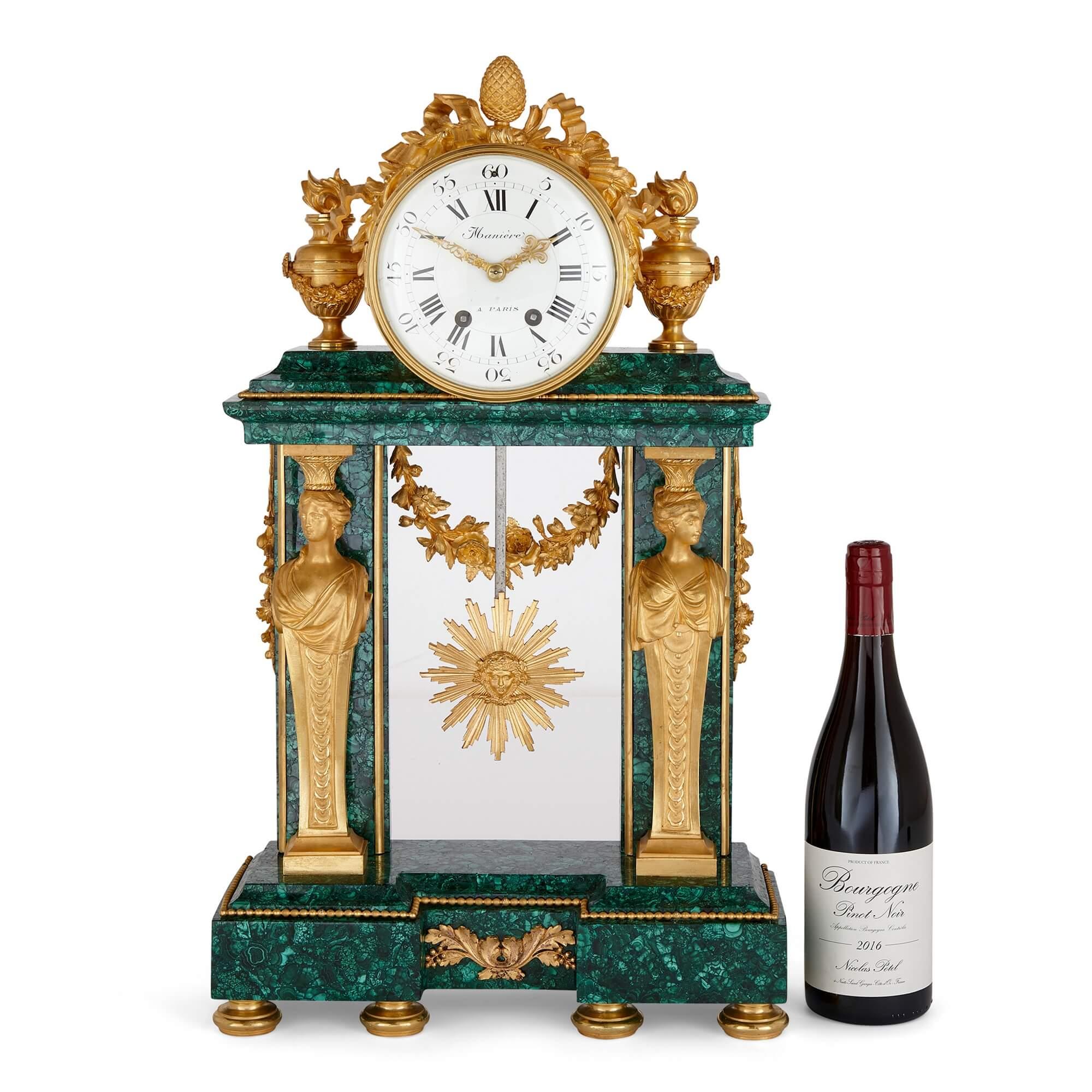 19th Century Rare and large ormolu mounted malachite mantel clock signed Manière For Sale