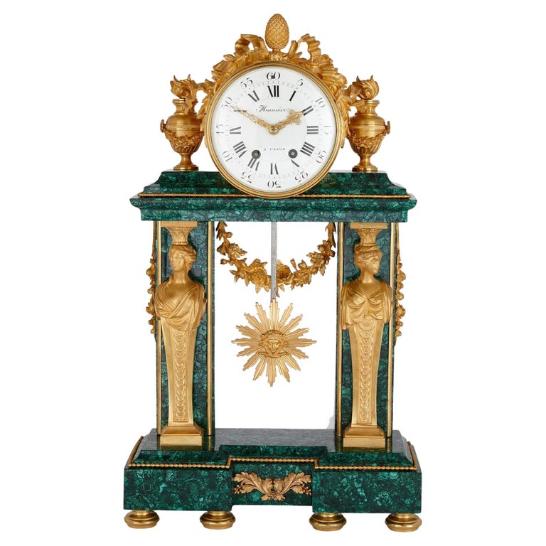 Rare and large ormolu mounted malachite mantel clock signed Manière For Sale