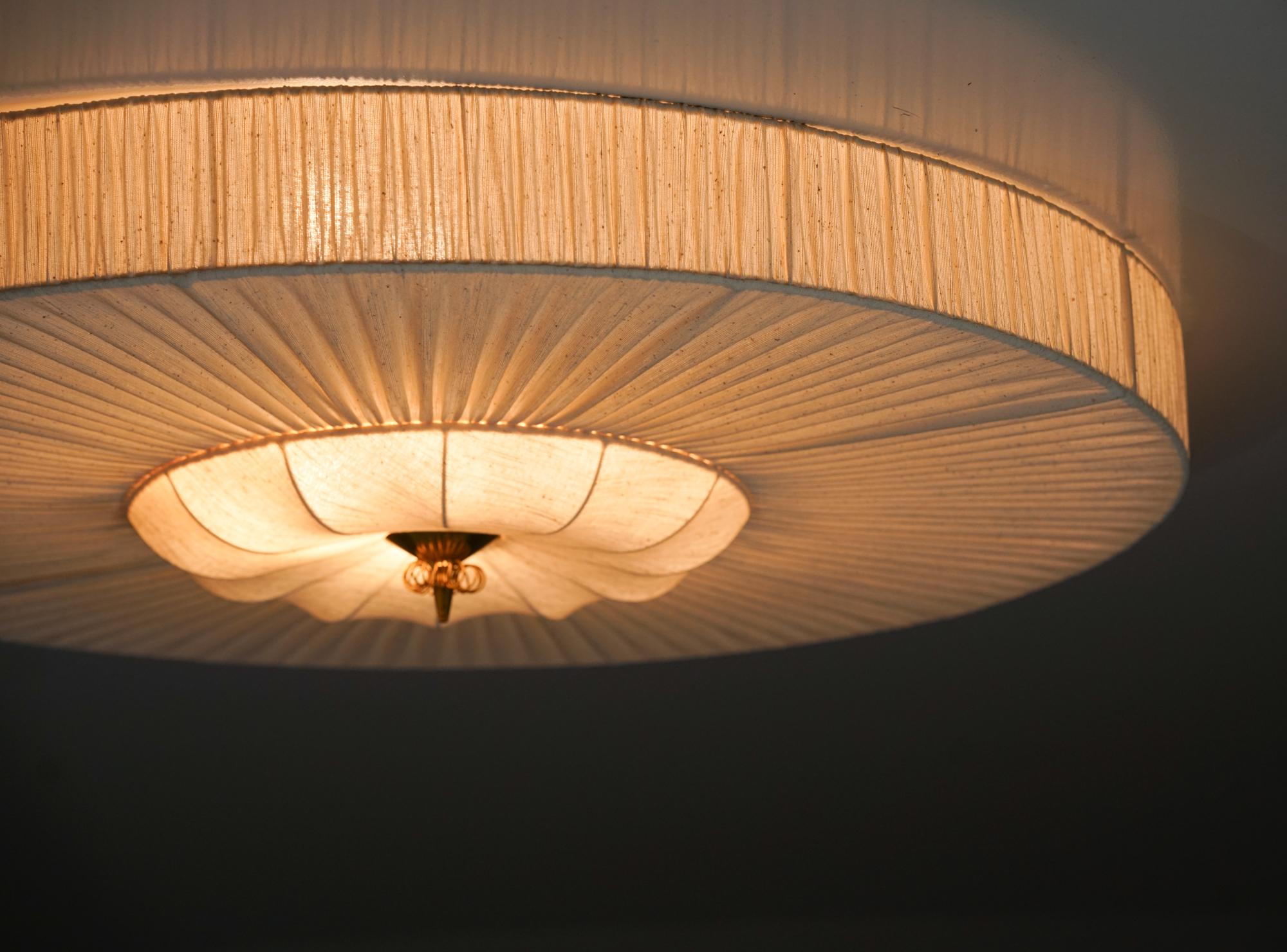Brass Rare and Large Silk Flush Mount, Itsu Oy, 1950s