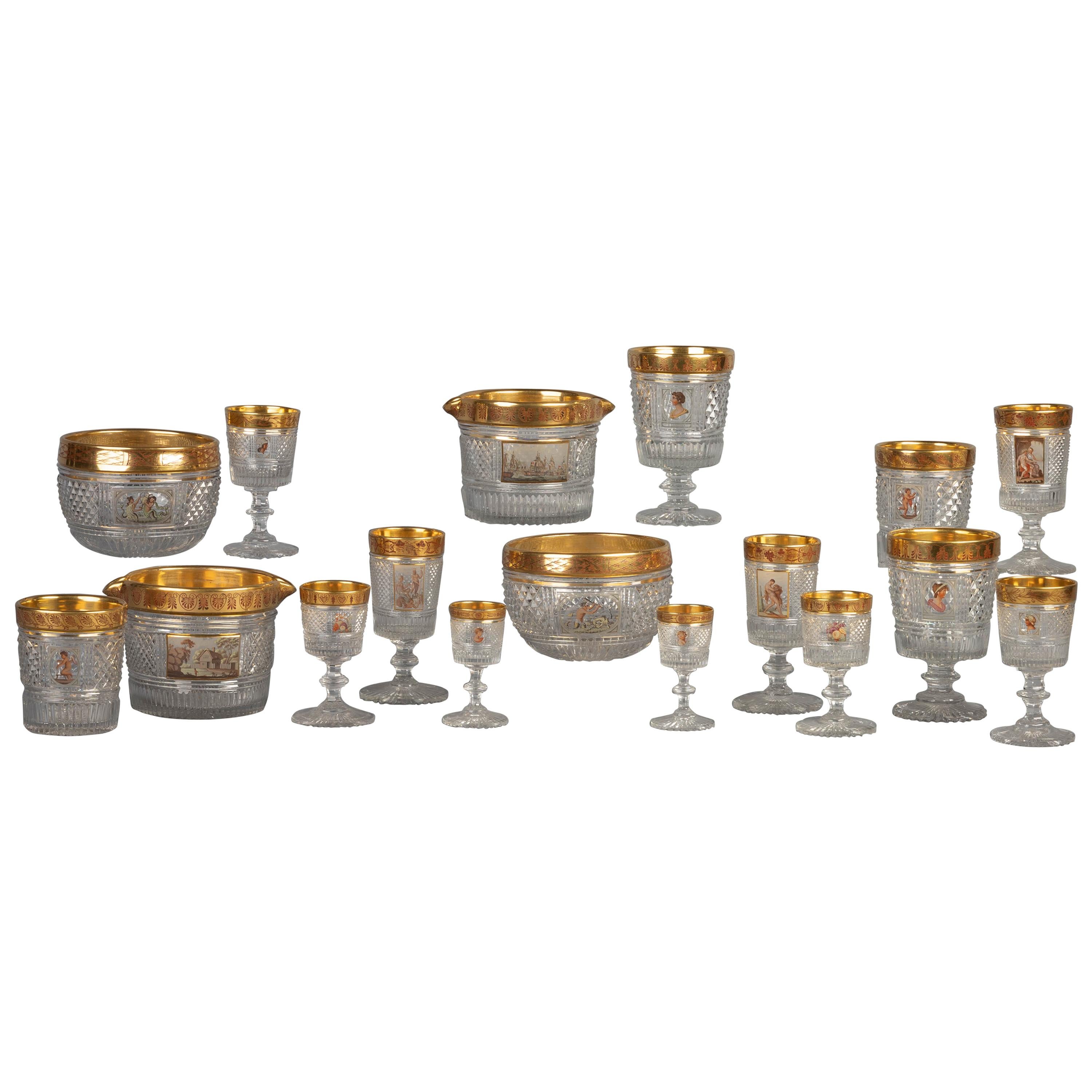 Extensive English Faceted and Enameled and Gilt Glass Service, circa 1815 For Sale