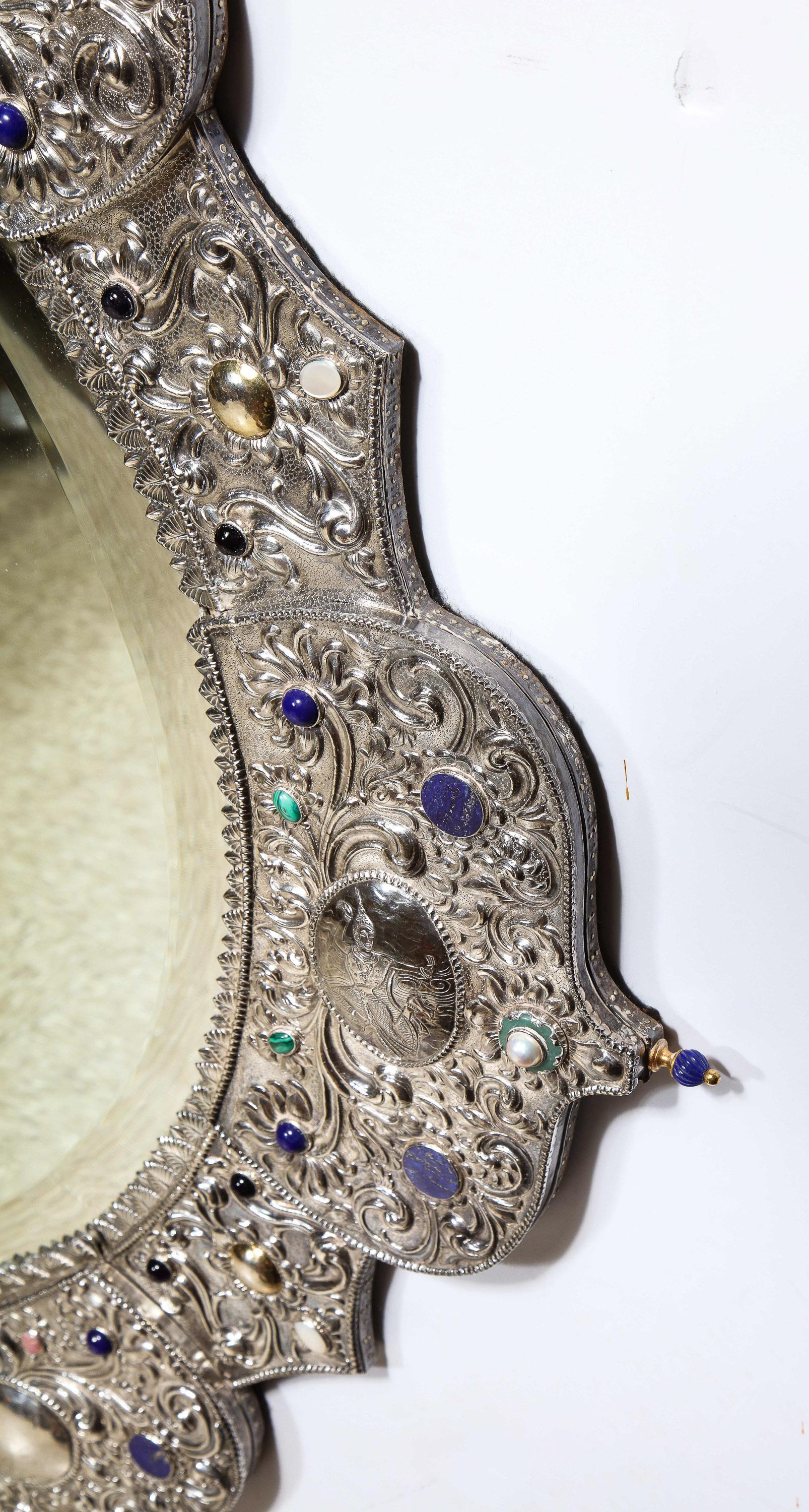 Rare and Magnificent Thai Silver, Gold & Jeweled Palace Mirror for Indian Palace For Sale 8
