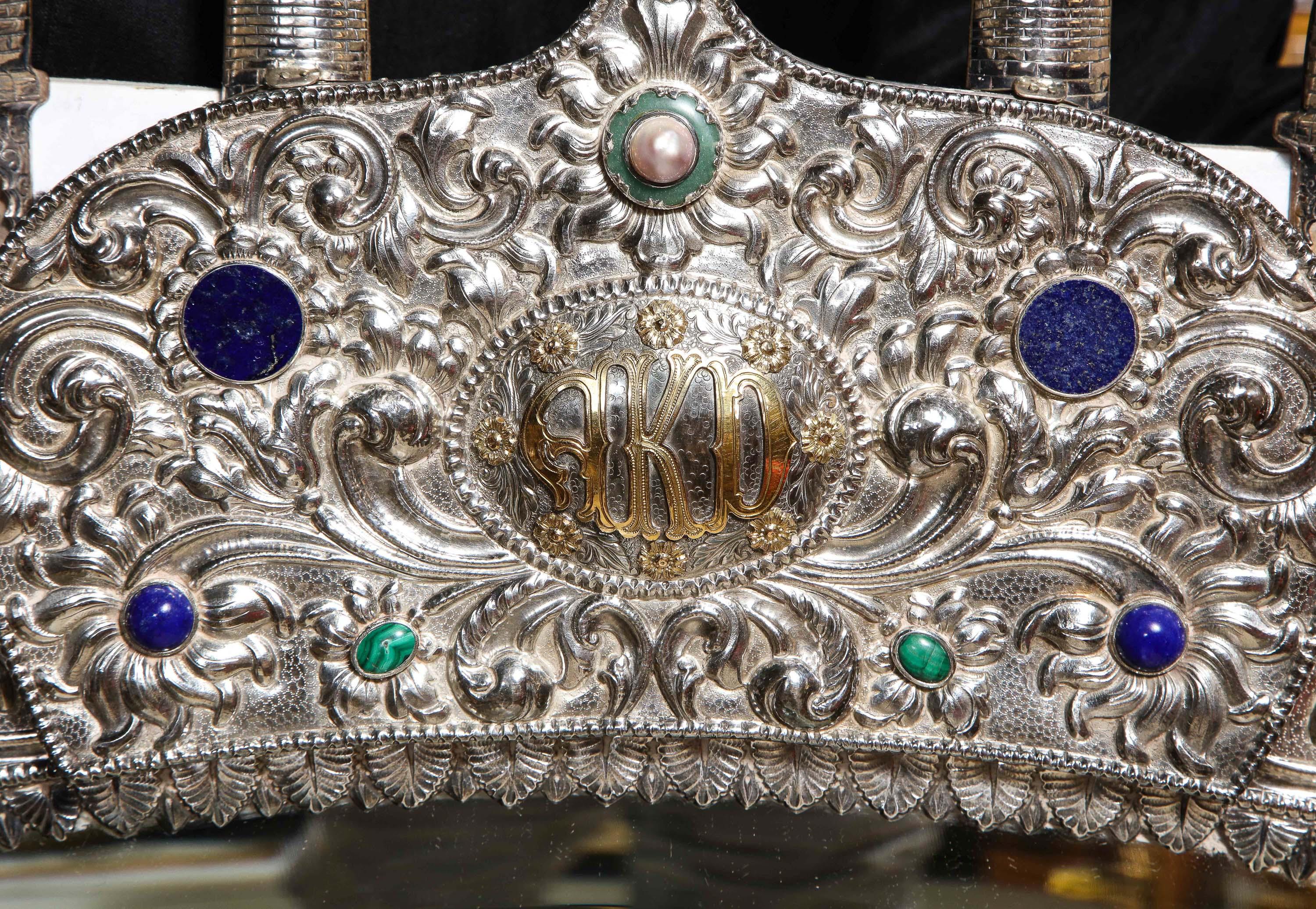 Indien Magnifique et rare miroir de palais thaïlandais en argent, or et bijoux pour palais indien en vente