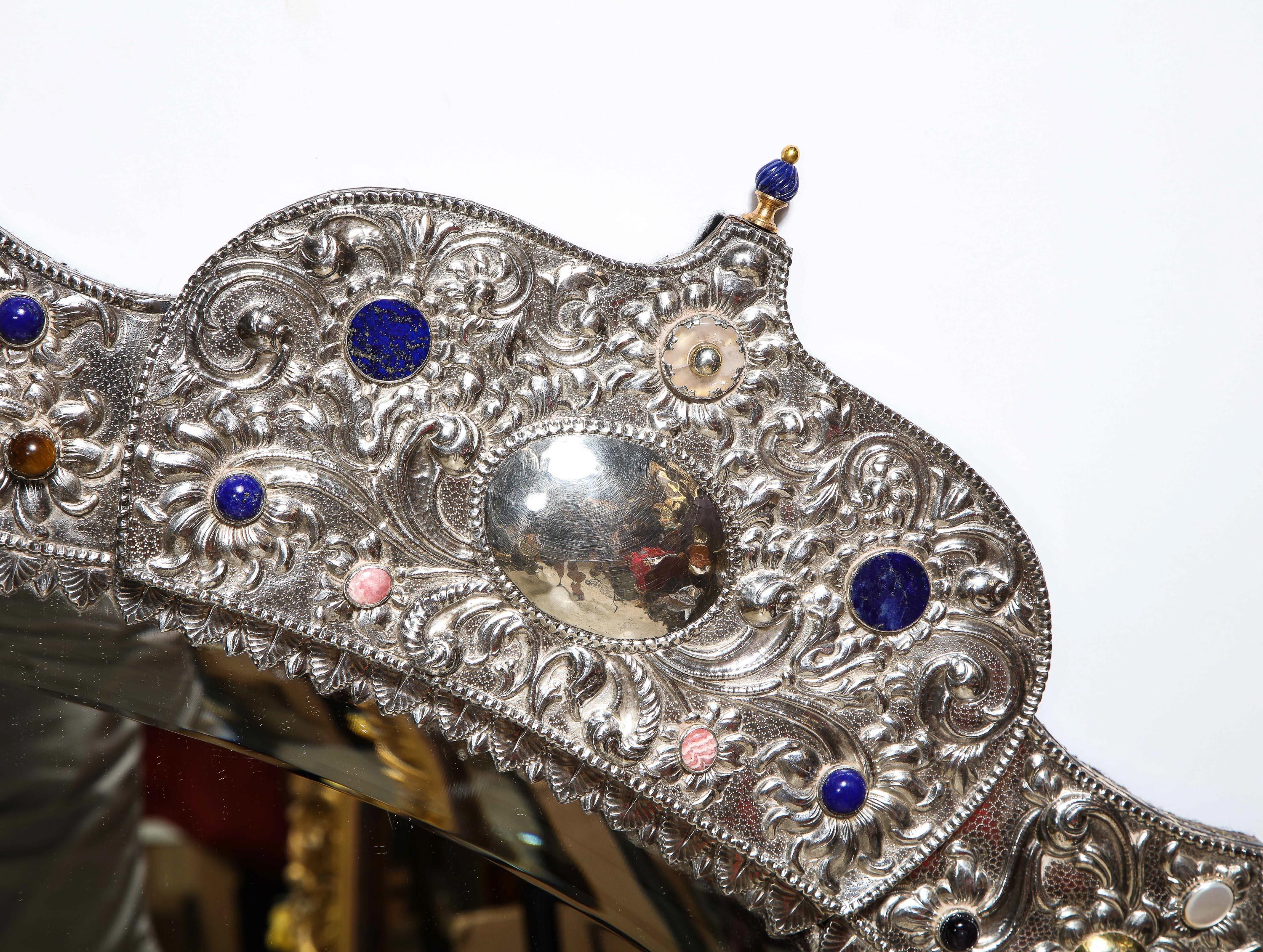 Rare and Magnificent Thai Silver, Gold & Jeweled Palace Mirror for Indian Palace In Good Condition For Sale In New York, NY