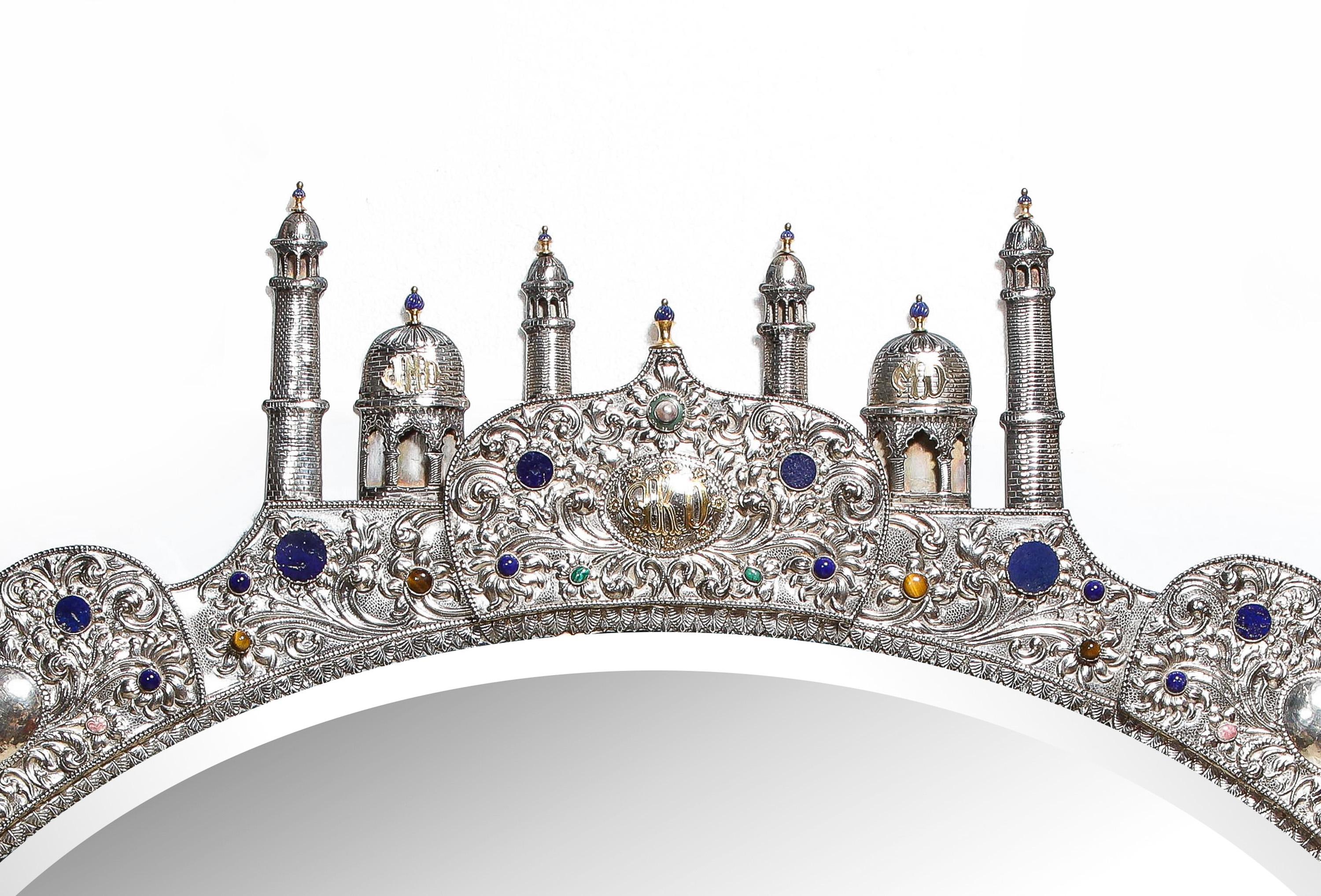 Or Magnifique et rare miroir de palais thaïlandais en argent, or et bijoux pour palais indien en vente