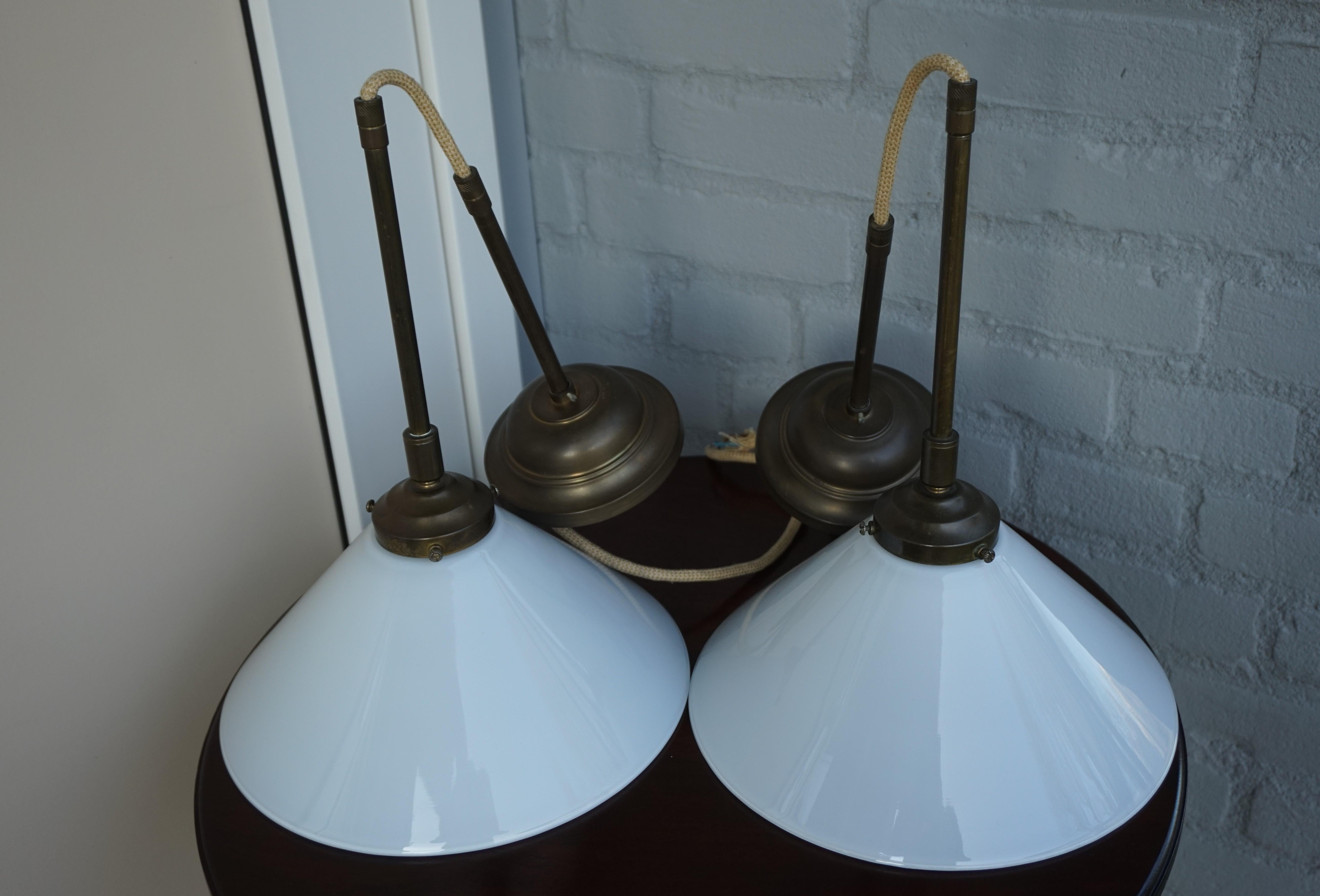 Rare and Marvelous Pair of Midcentury Modern Brass and Opaline Glass Pendants 9
