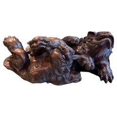 Rare and Massive Japanese wood sculpture of playful lions, signed, Japan, 19th