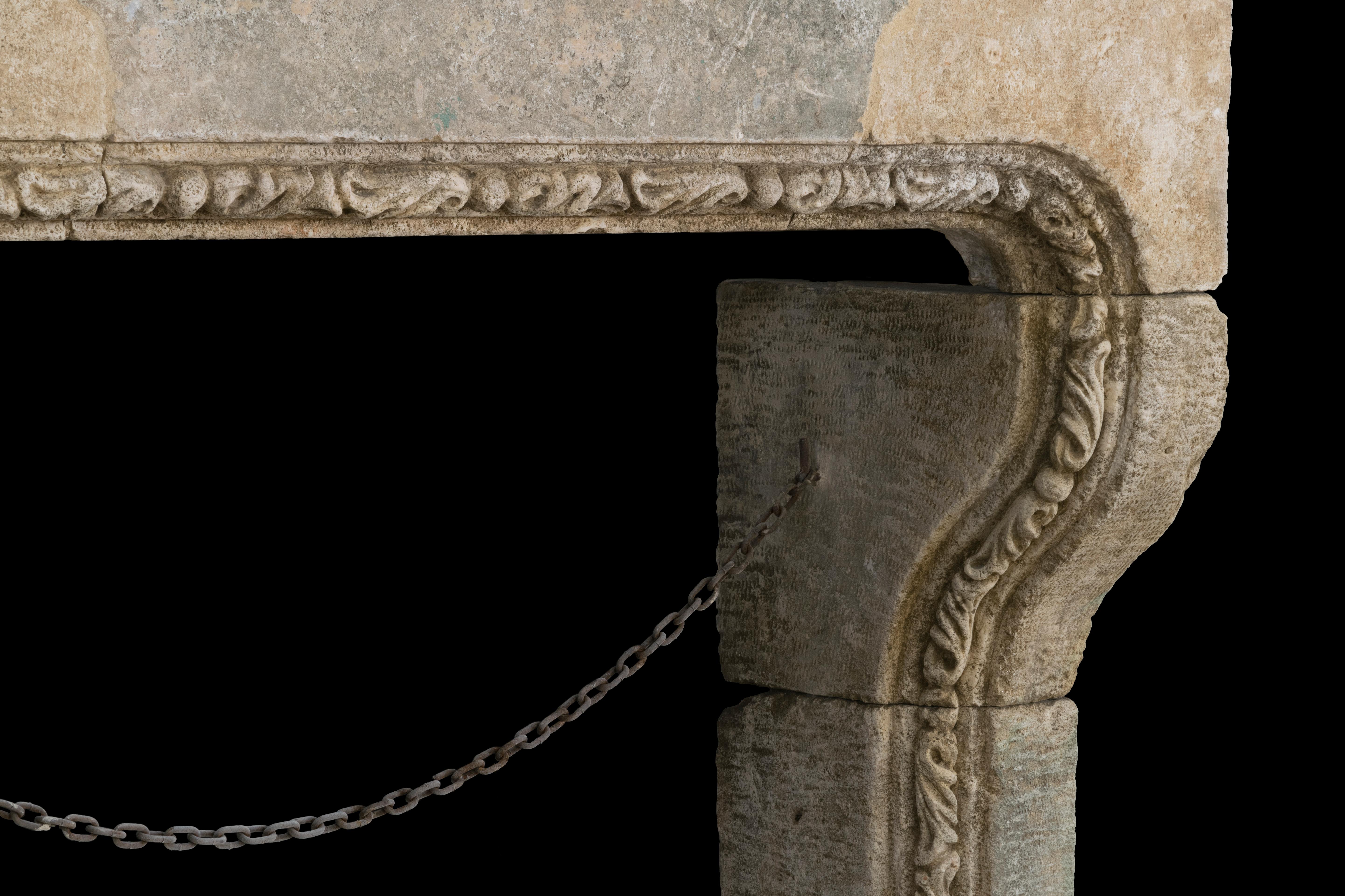 Rustic Rare and Old Reclaimed Italian Limestone Fireplace Mantel For Sale