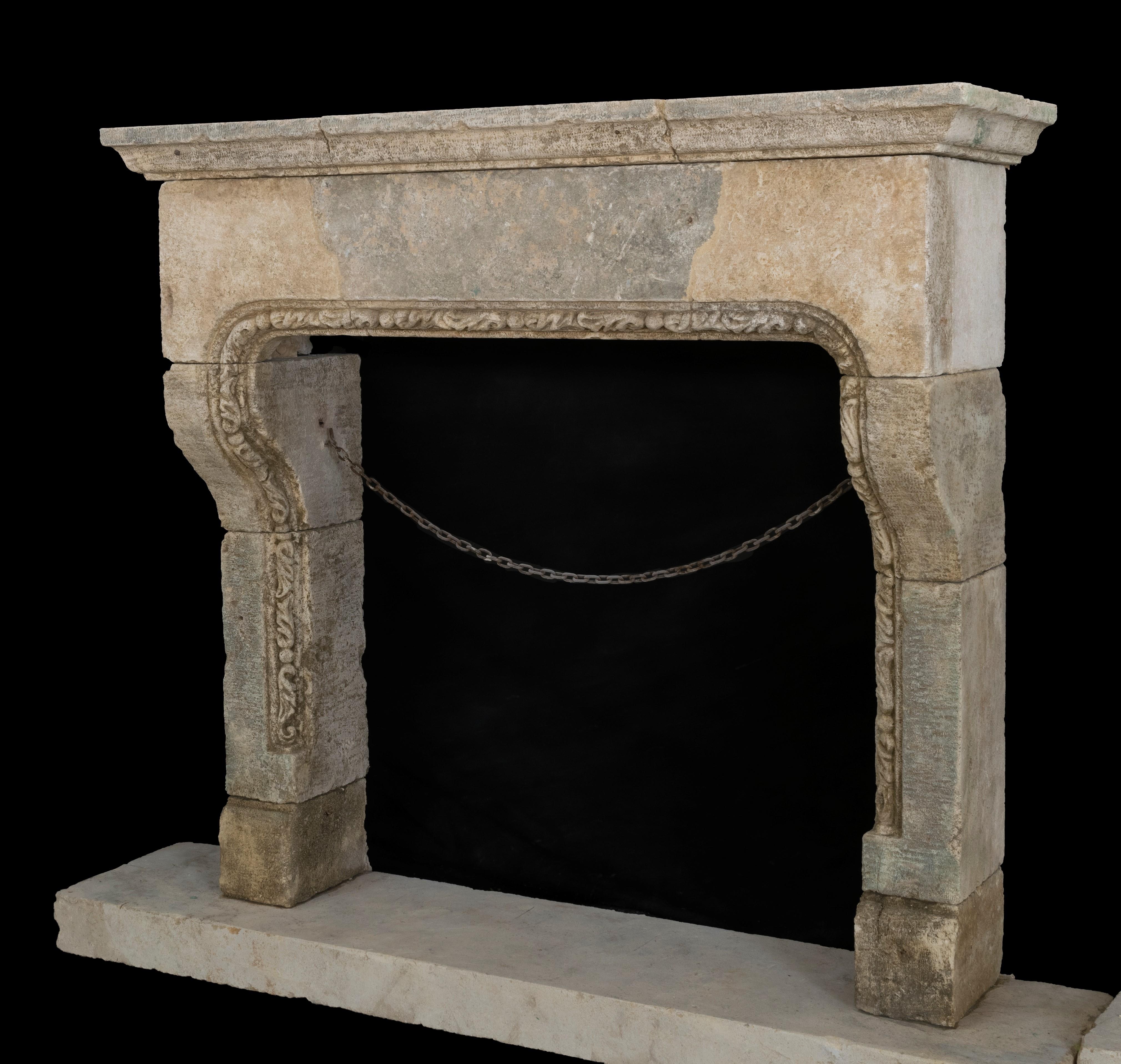 Hand-Carved Rare and Old Reclaimed Italian Limestone Fireplace Mantel For Sale