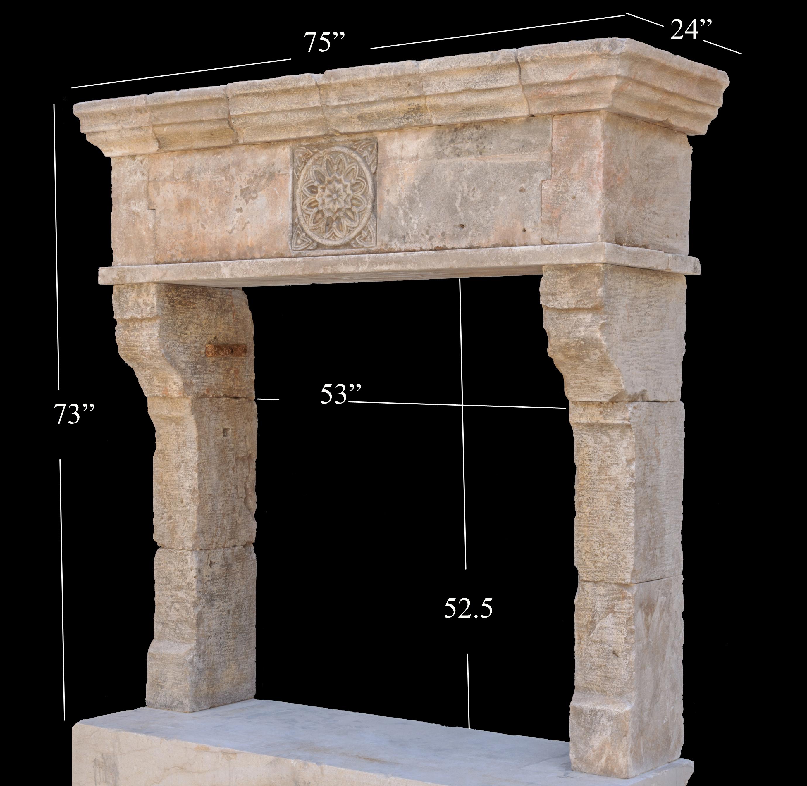 Carved Rare and Old Reclaimed Italian Limestone Fireplace Mantel For Sale