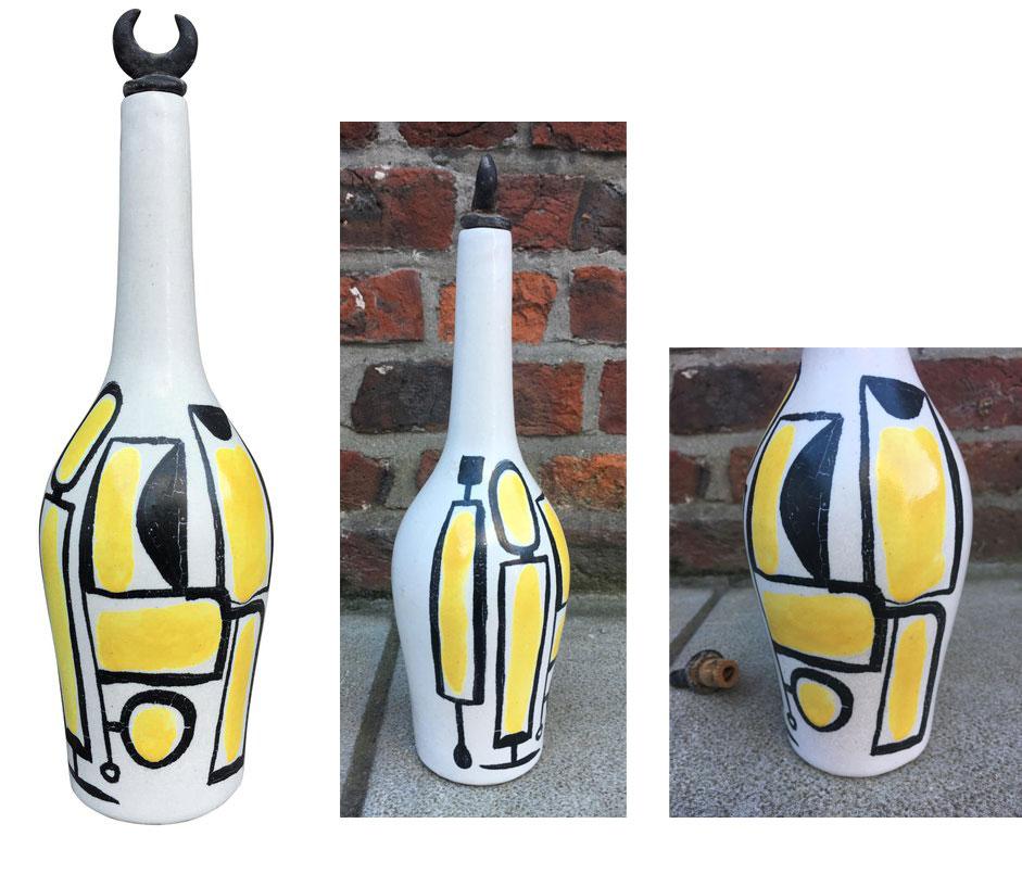 French Rare and Original Ceramic Bottle, Signed and Located in Vallauris, circa 1950/19 For Sale