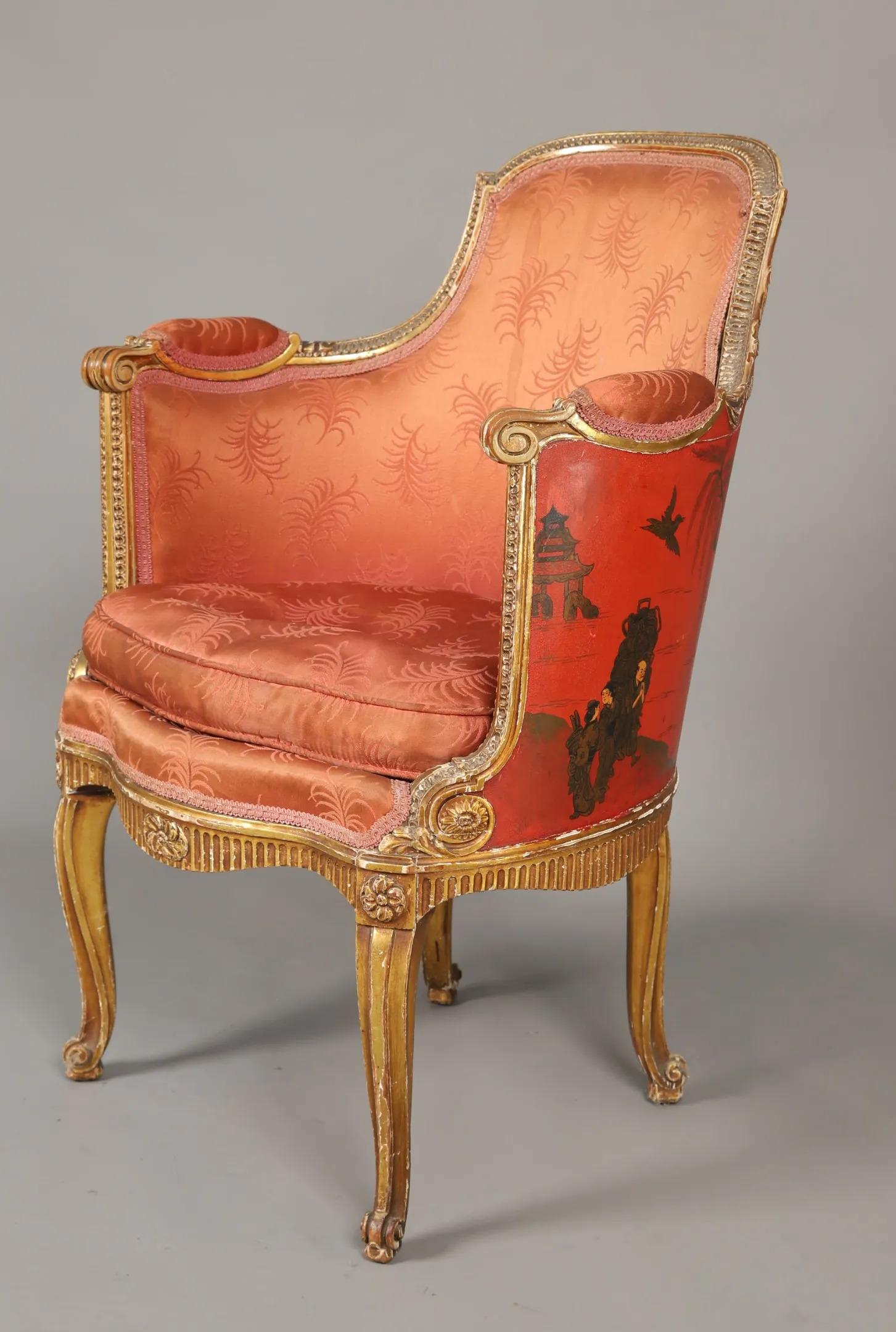 rare and original Louis XV transition armchair in gilded wood, back and side covered in lacquered wood with Chinese decoration, circa 1930