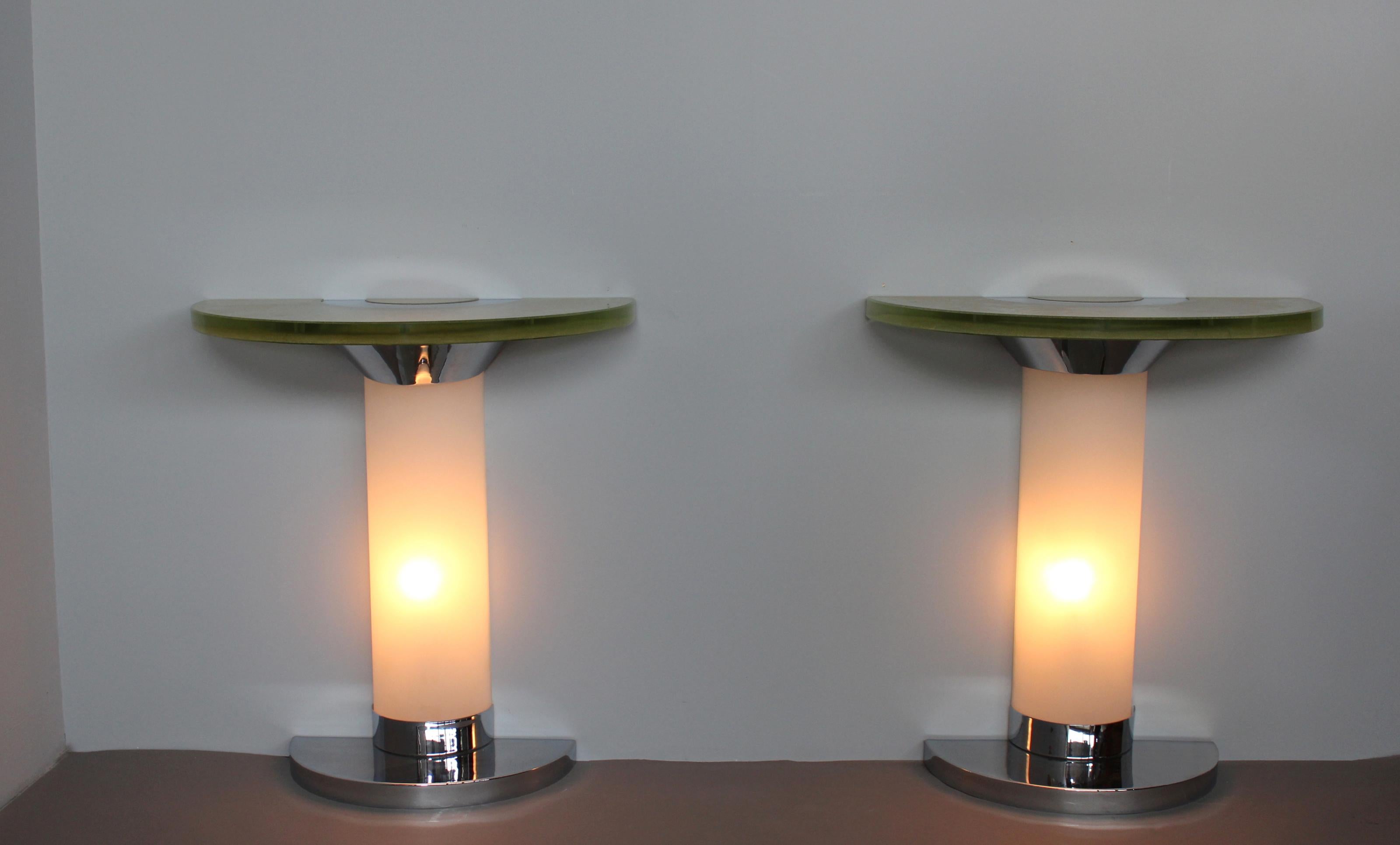 Art Deco Pair of rare 1930s Illuminated Glass and Chrome Consoles by Jean Perzel For Sale