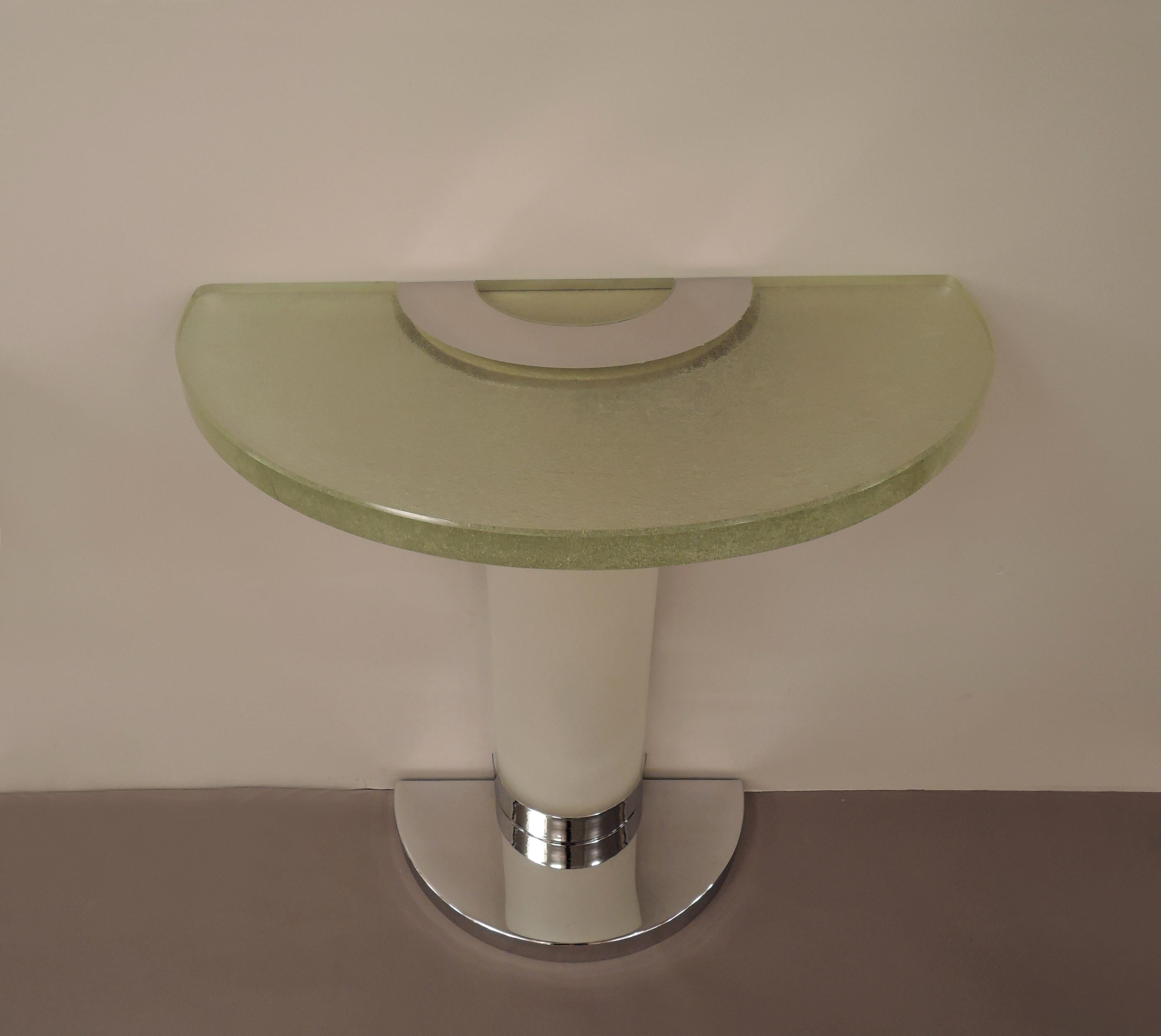 Pair of rare 1930s Illuminated Glass and Chrome Consoles by Jean Perzel For Sale 13