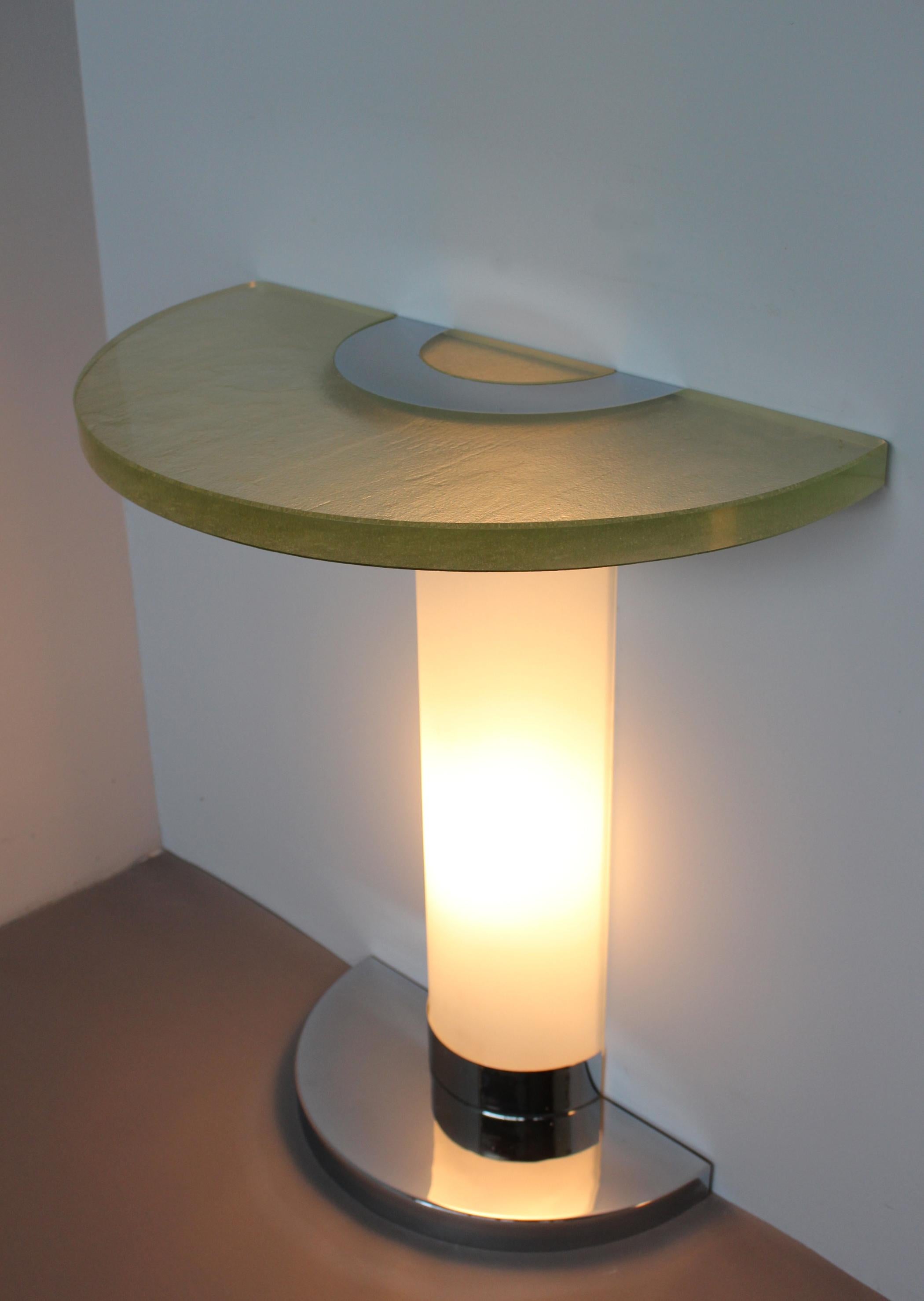 Pair of rare 1930s Illuminated Glass and Chrome Consoles by Jean Perzel For Sale 1