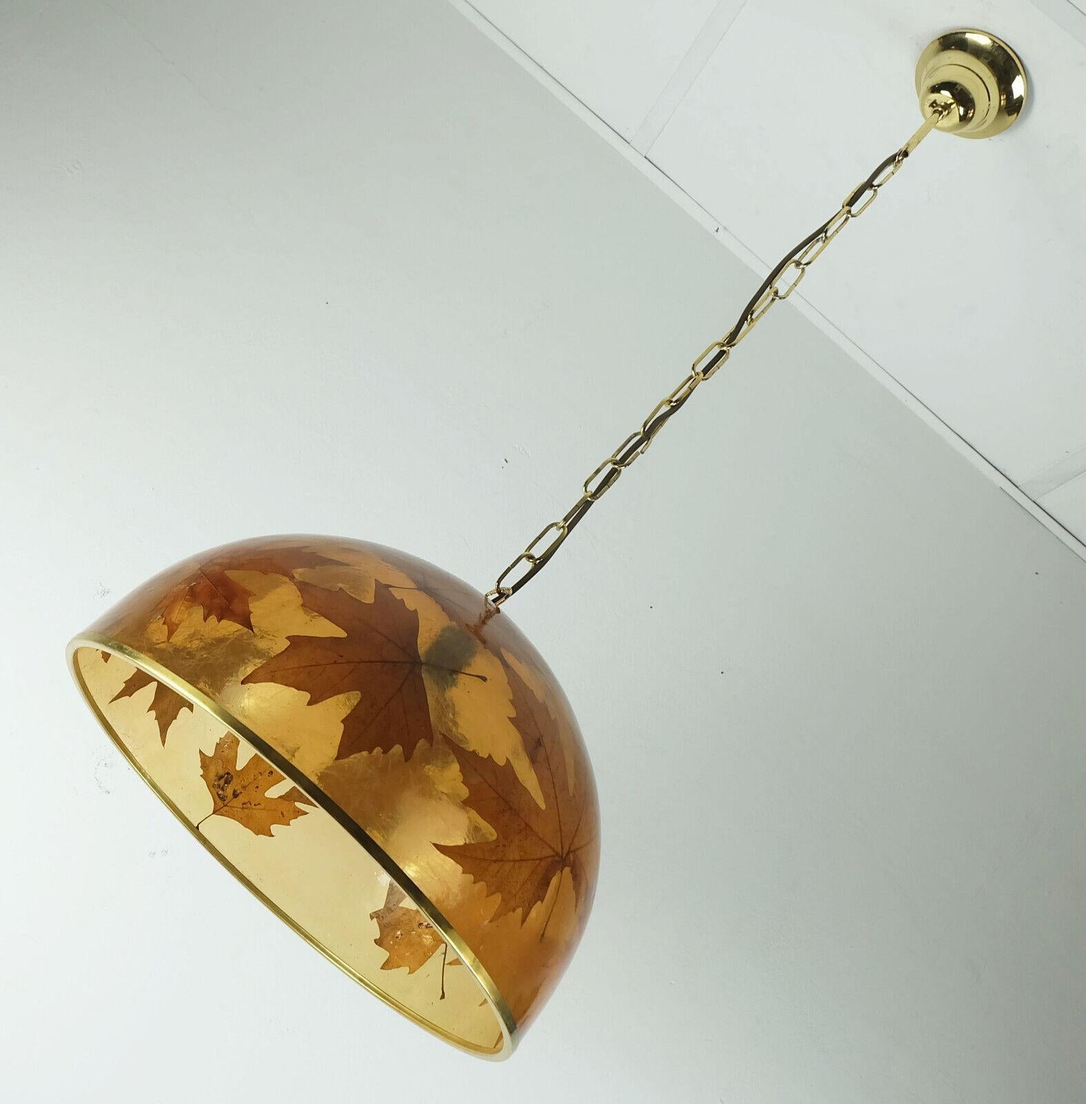 Italian rare and outstanding vintage PENDANT LAMP resin with maple leaves 1970s hanging  For Sale