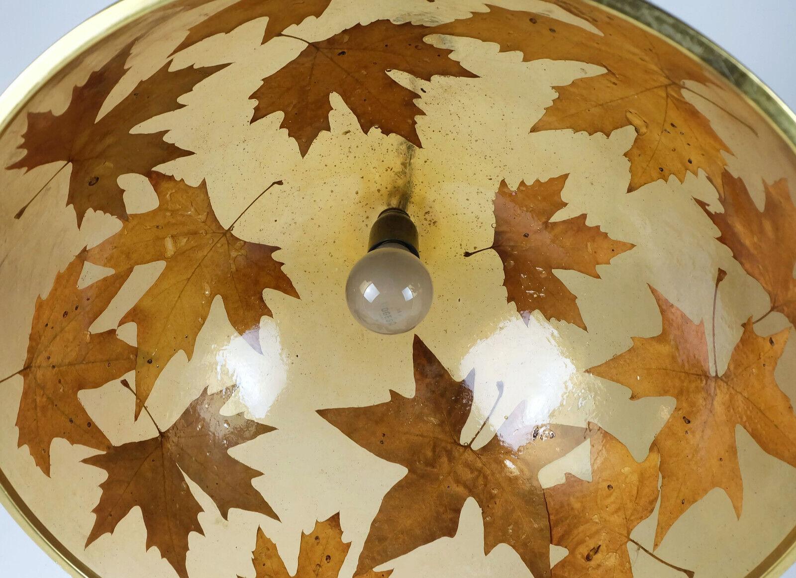 Brass rare and outstanding vintage PENDANT LAMP resin with maple leaves 1970s hanging  For Sale