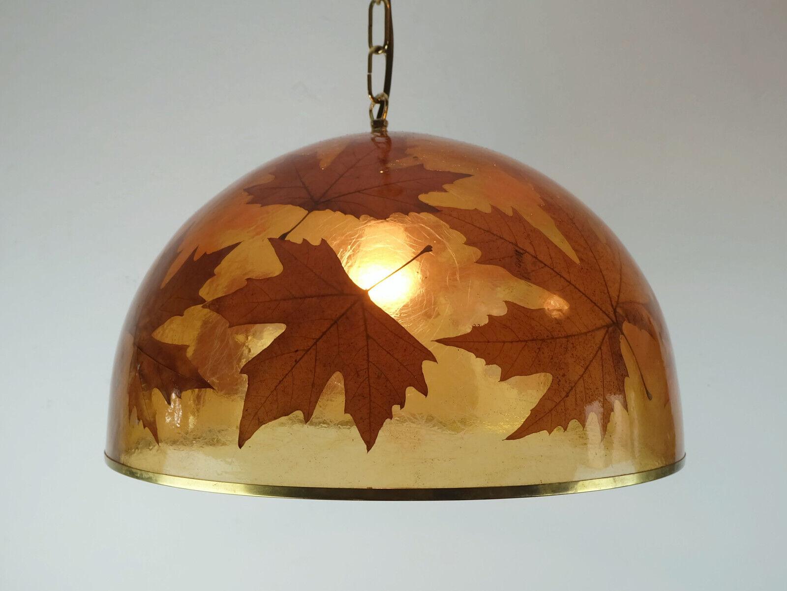Brass rare and outstanding vintage PENDANT LAMP resin with maple leaves 1970s hanging  For Sale