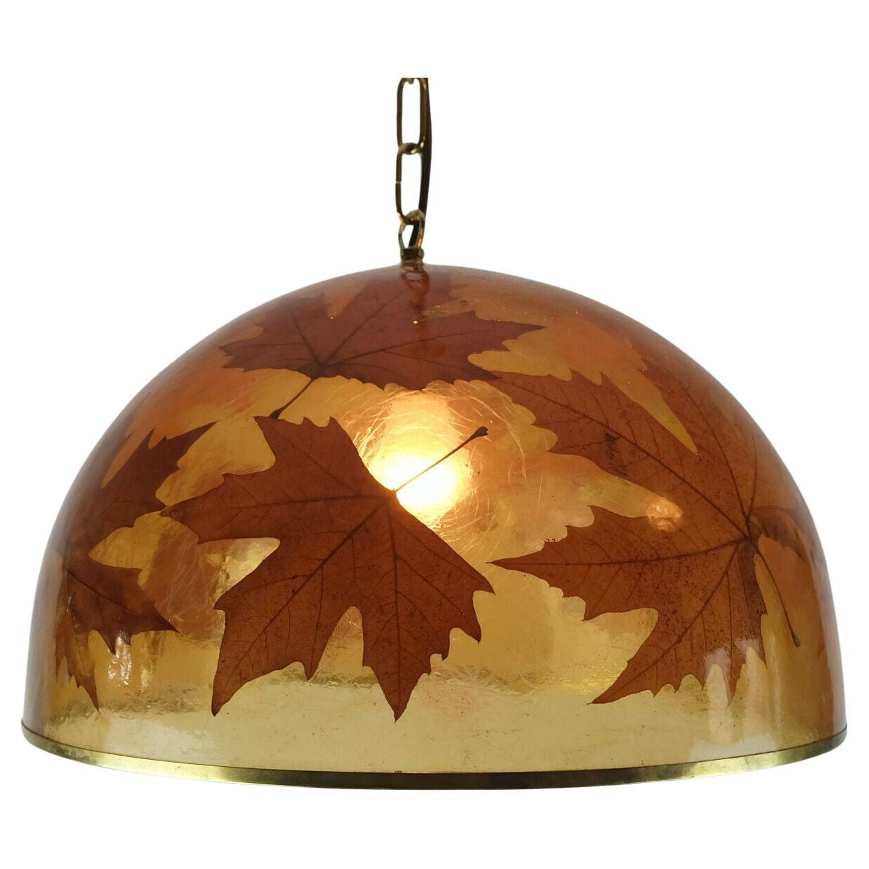 rare and outstanding vintage PENDANT LAMP resin with maple leaves 1970s hanging  For Sale