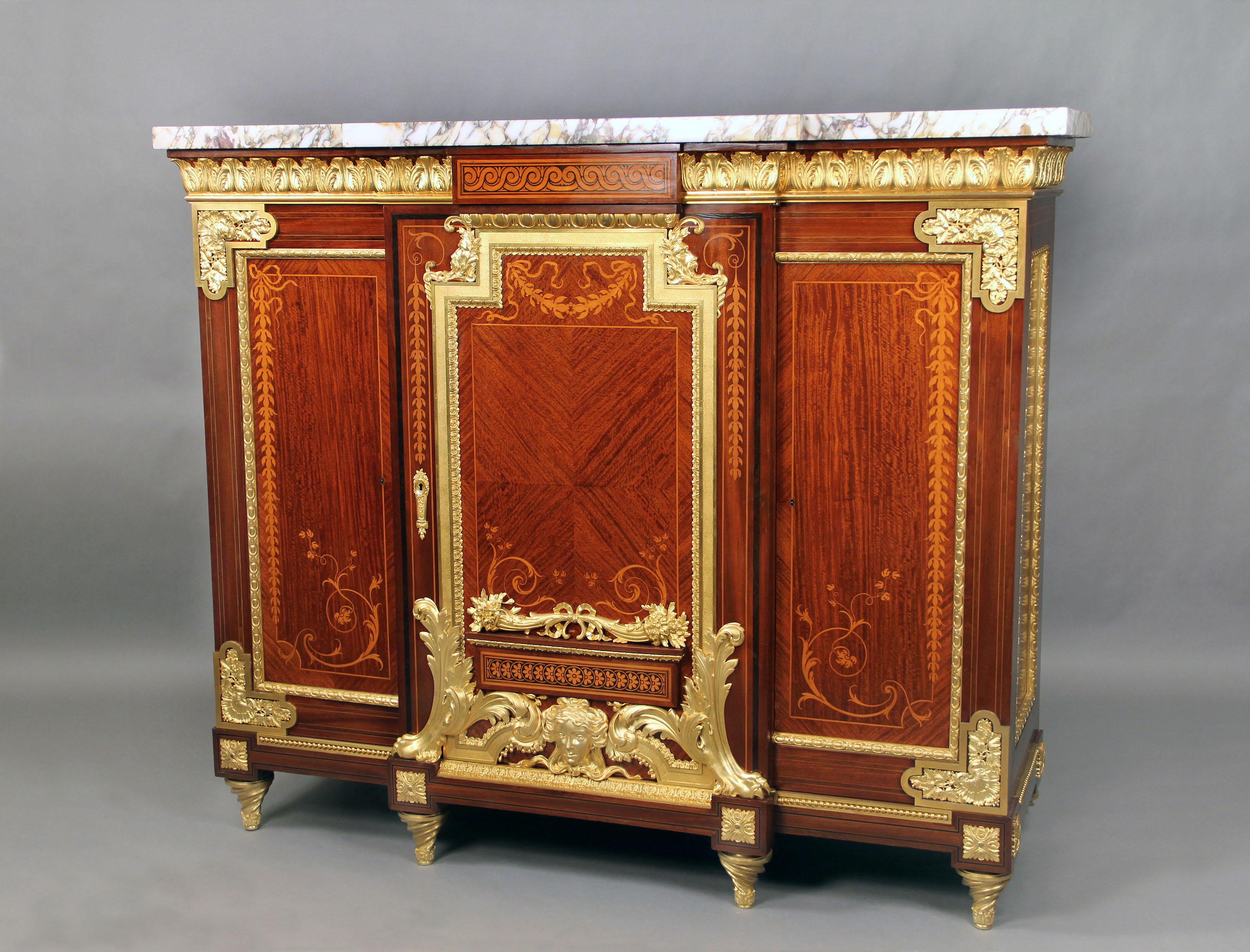 Belle Époque Rare and Palatial Late 19th Century Gilt Bronze-Mounted Marquetry Cabinet For Sale