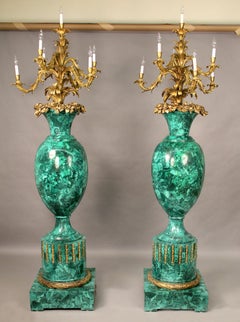 Rare and Palatial Pair of Gilt Bronze and Malachite Seven Light Torcheres