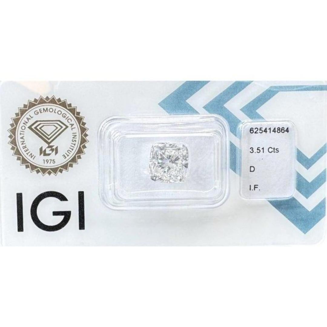 Rare and Pristine 3.51 ct Ideal Cut Square Cushion Brilliant Diamond - IGI Certified

Discover the epitome of clarity and color with this exquisite 3.51-carat diamond, crafted into a mesmerizing square cushion shape. This diamond is certified by IGI