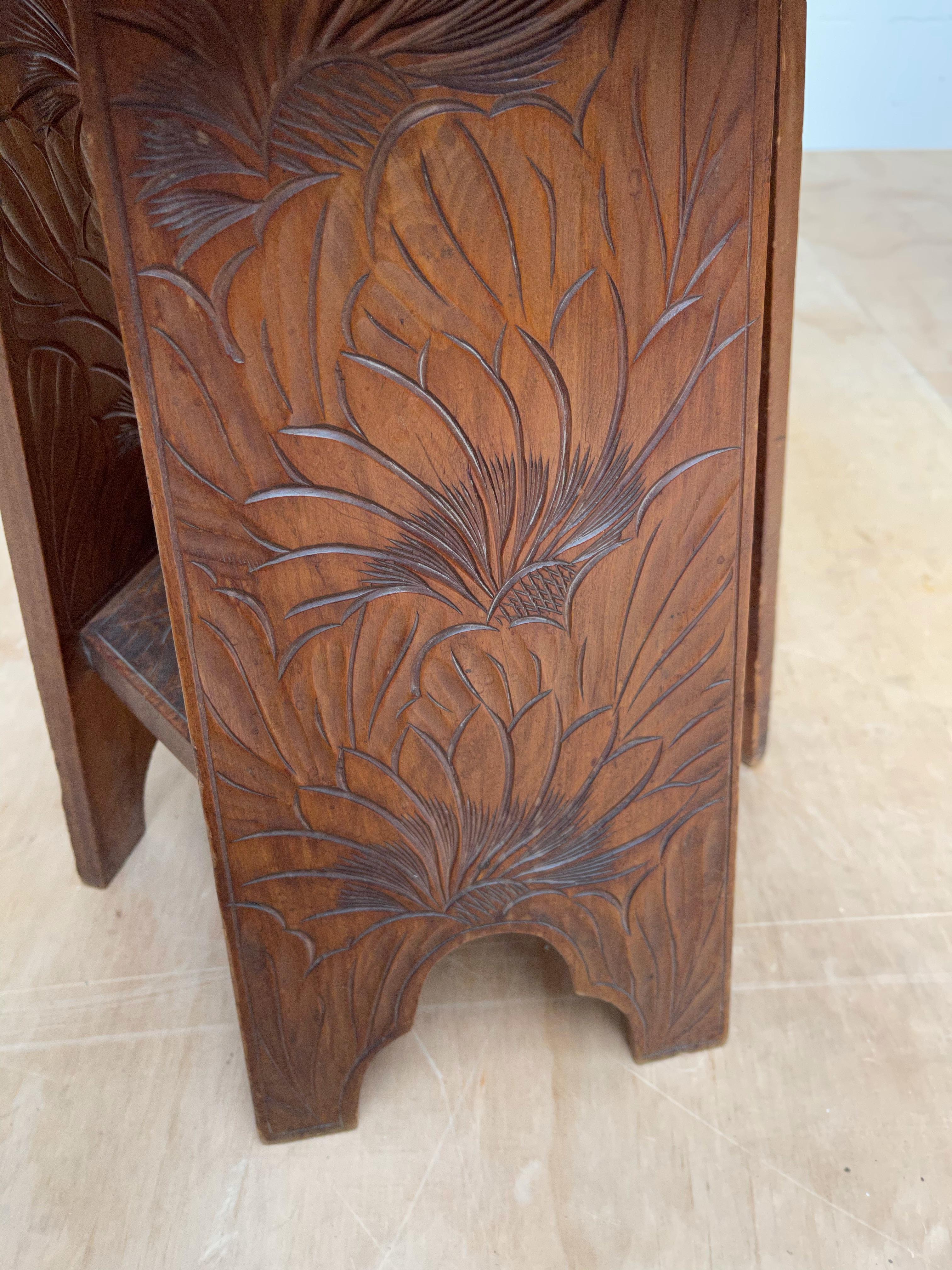 Rare and Quality Carved Arts & Crafts Table / Plant Stand with Flower Sculptures 3