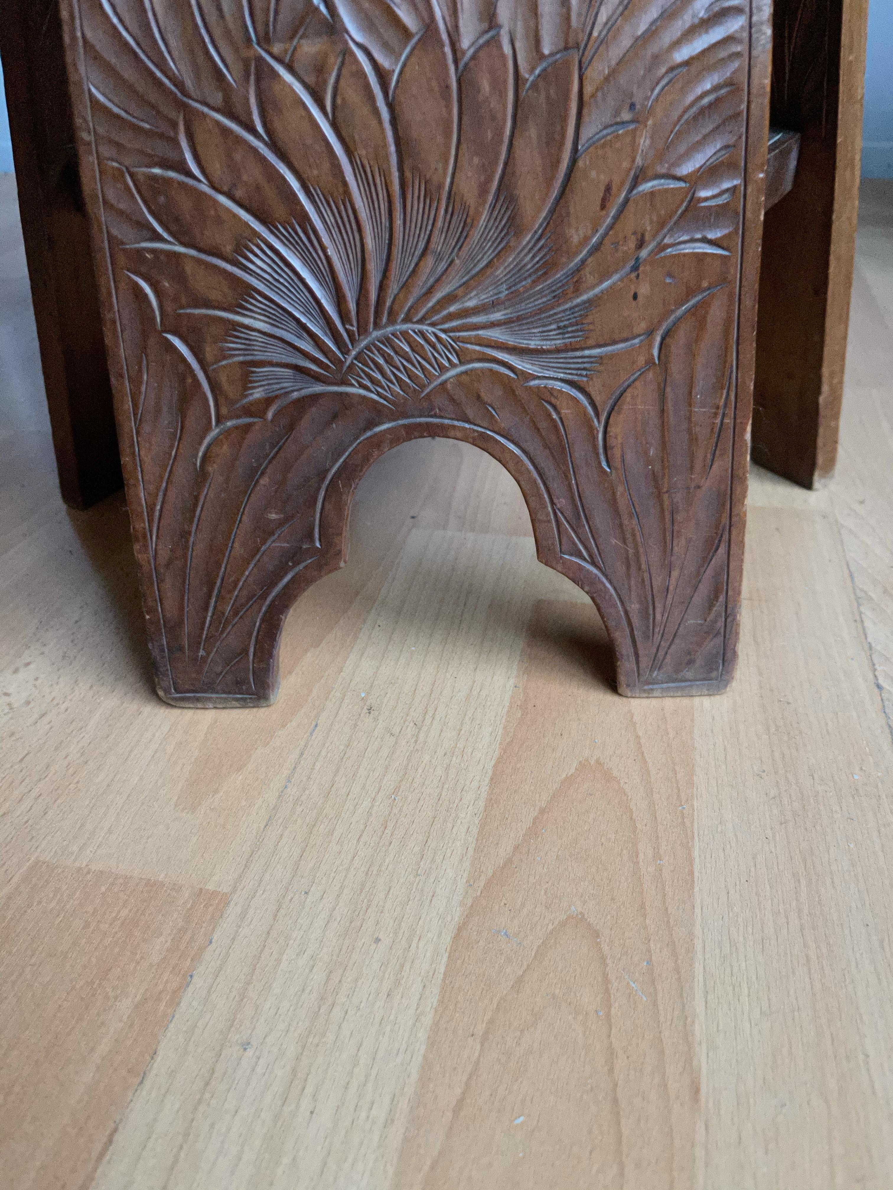 Rare and Quality Carved Arts & Crafts Table / Plant Stand with Flower Sculptures 4