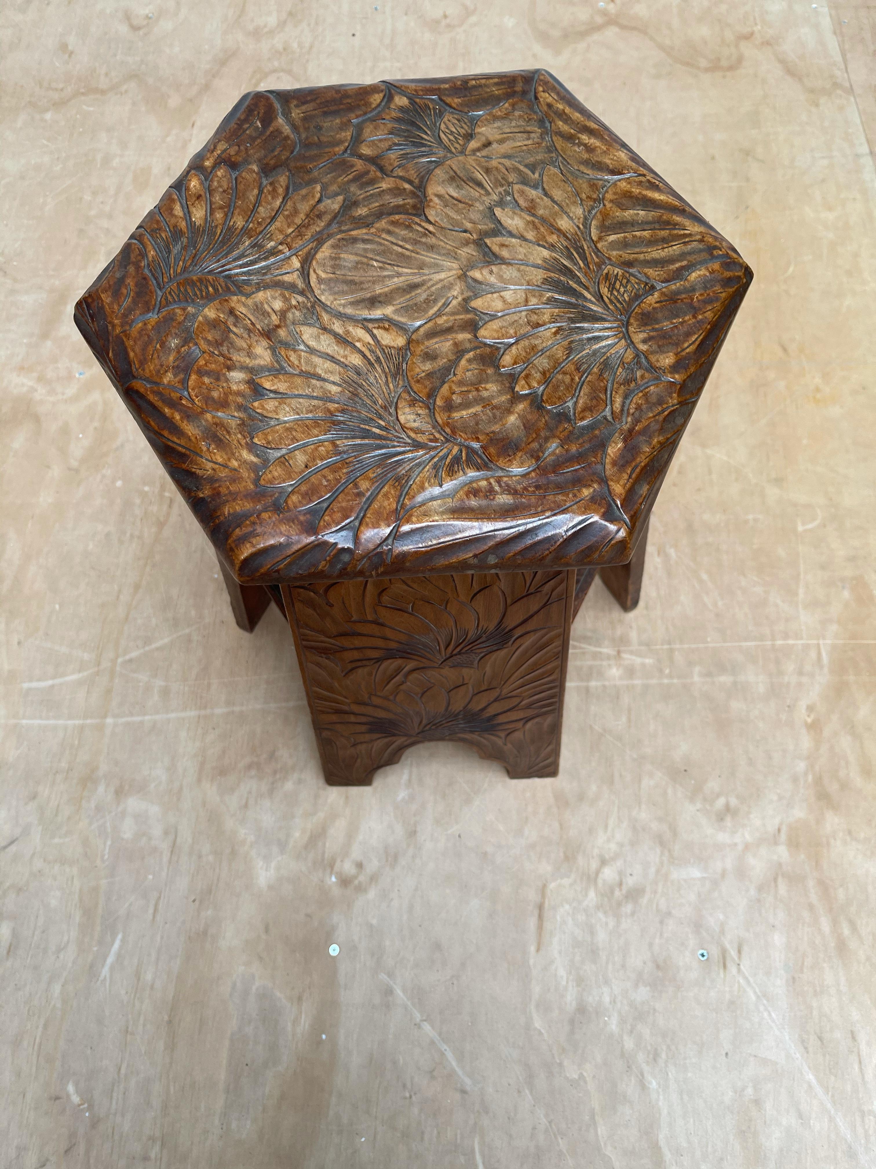 All handcrafted antique end table with a wonderful patina.

If you are a collector of beautifully handcrafted and stylish pieces from the Arts & Crafts era then you will love this sculptural table. Both the shape of the table itself is and the hand