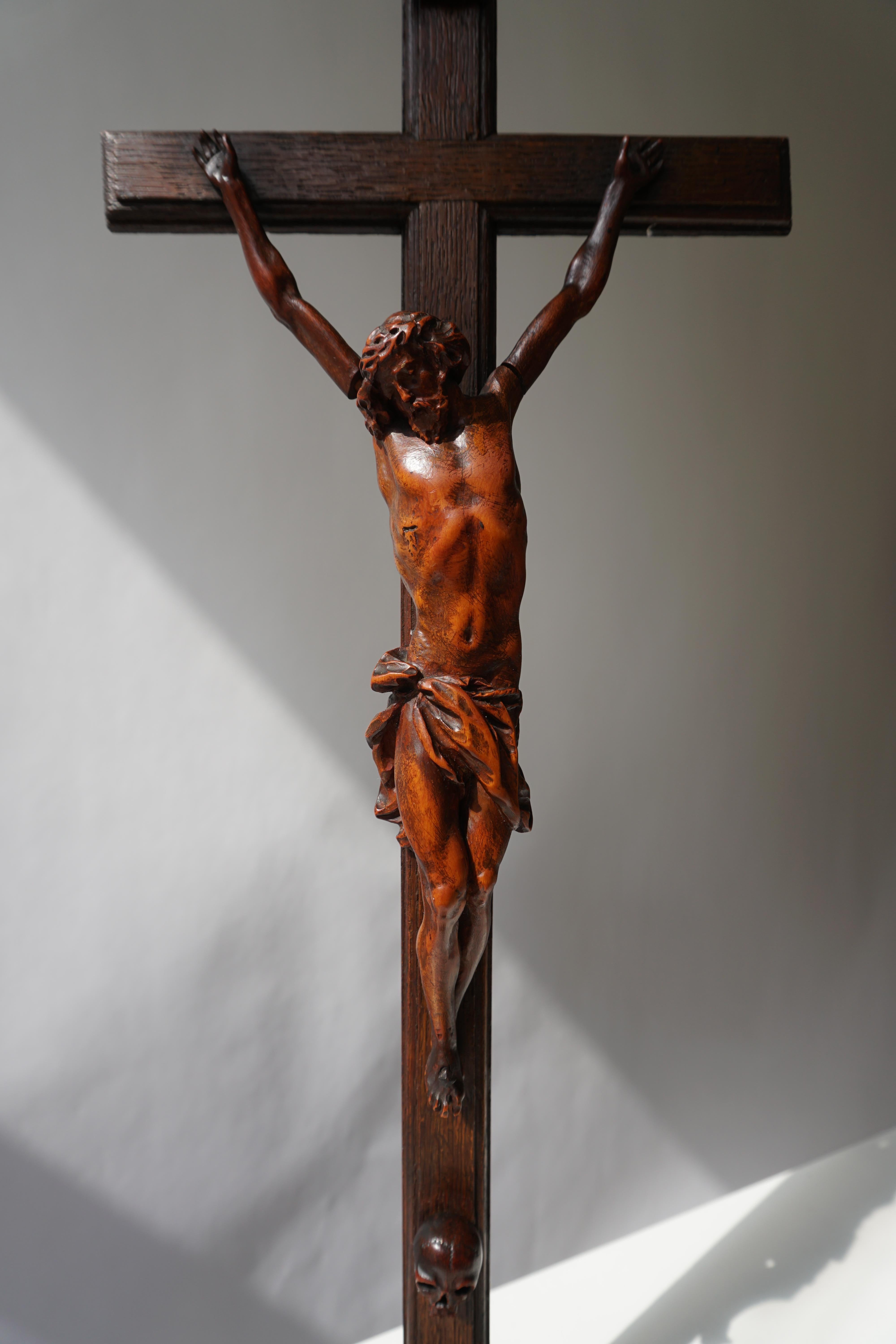 Hand-Carved Rare and Remarkable Corpus Christi on a Decorated Wooden Cross with a Skull For Sale
