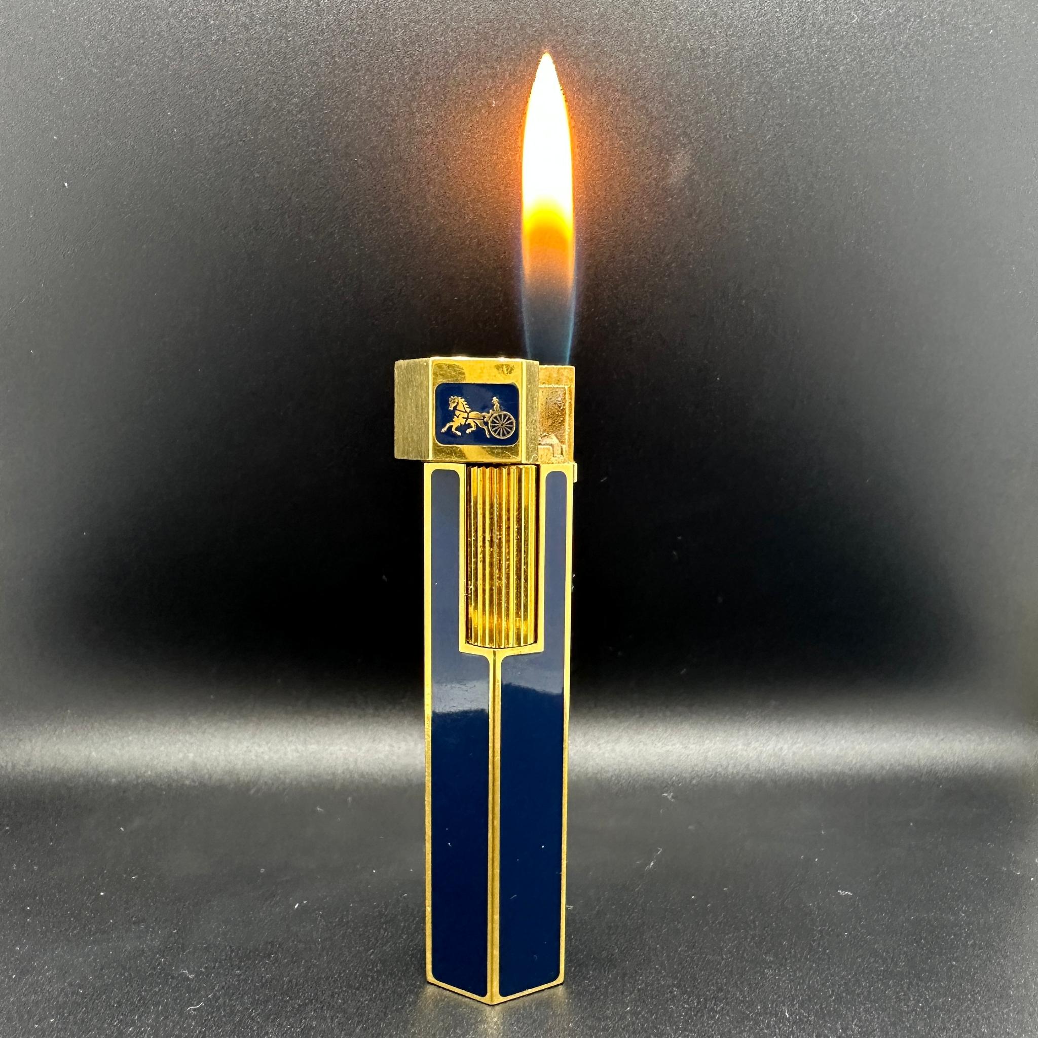 Art Deco Retro Celine “Circa 1980” Hexagonal Blue Lacquer & Gold Plated Vintage Lighter