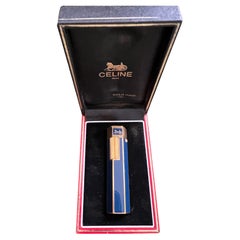 Rare and Retro Celine 1980s Hexagonal Blue Lacquer & Gold Plated Vintage Lighter