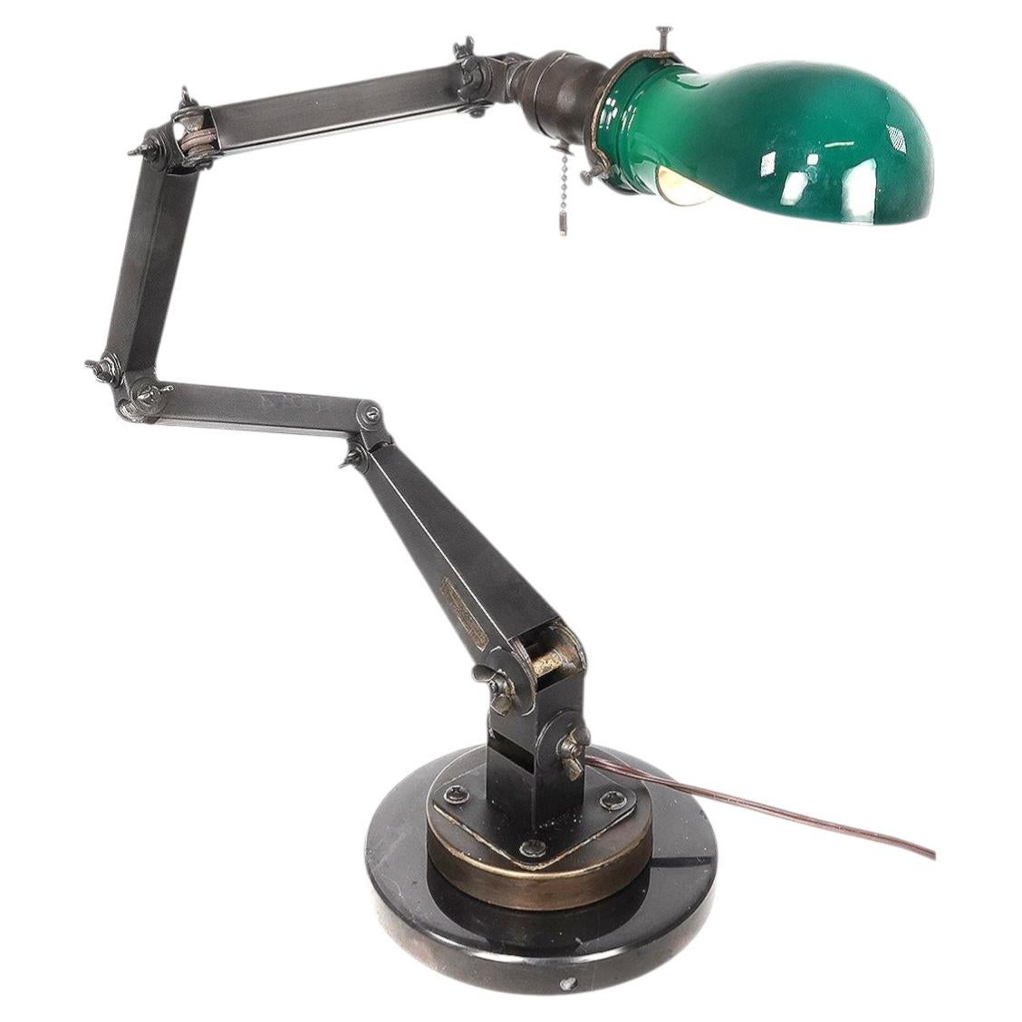 Signed Articulating American Fixture Co. Desk Lamp - Emerald Light Shade