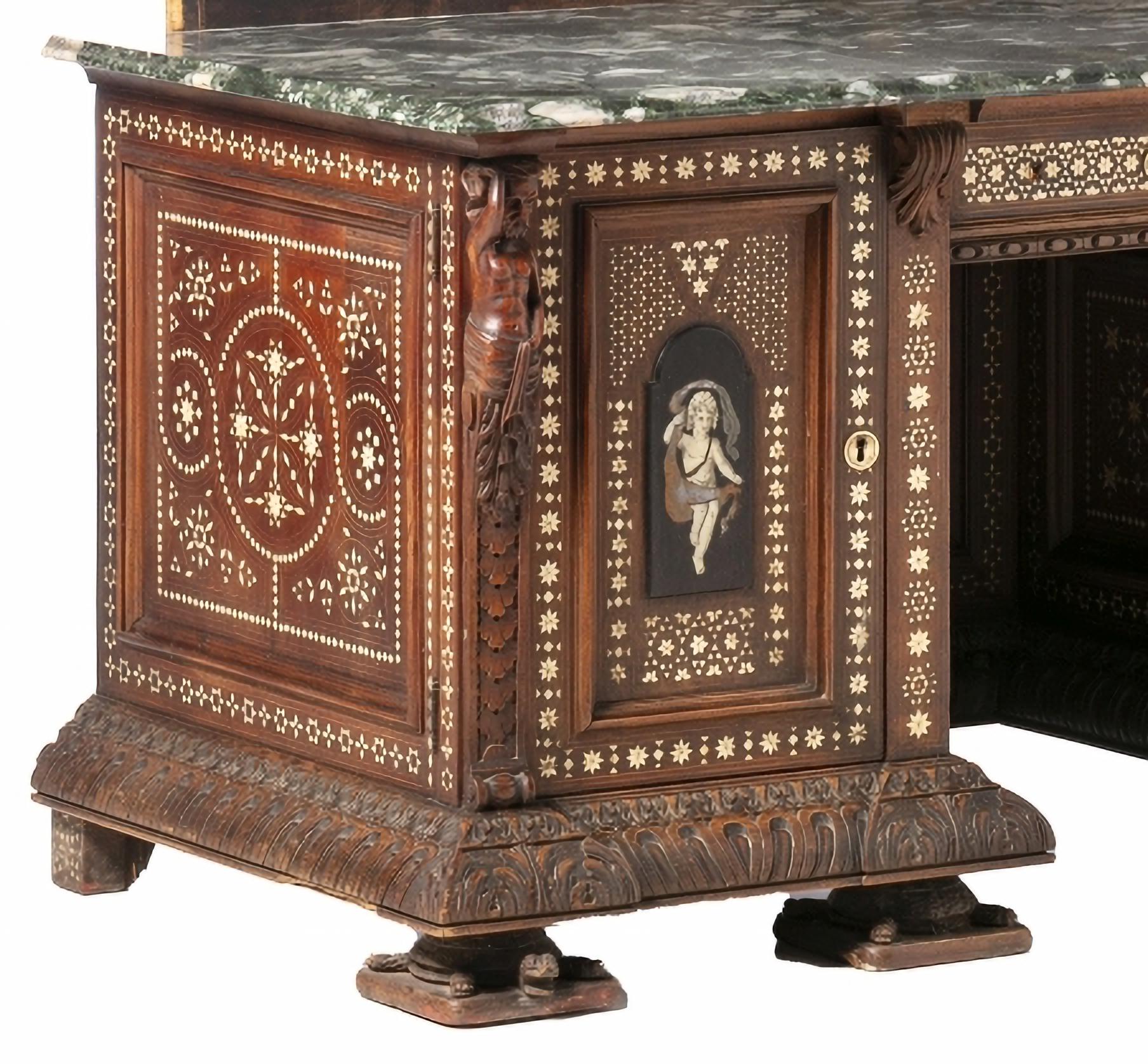 RARE AND SPECTACULAR 19th Century ITALIAN DRESSING FURNITURE

Italian
in walnut wood with carvings, inlaid fillets, engraved and hard stones.
Compositions with 