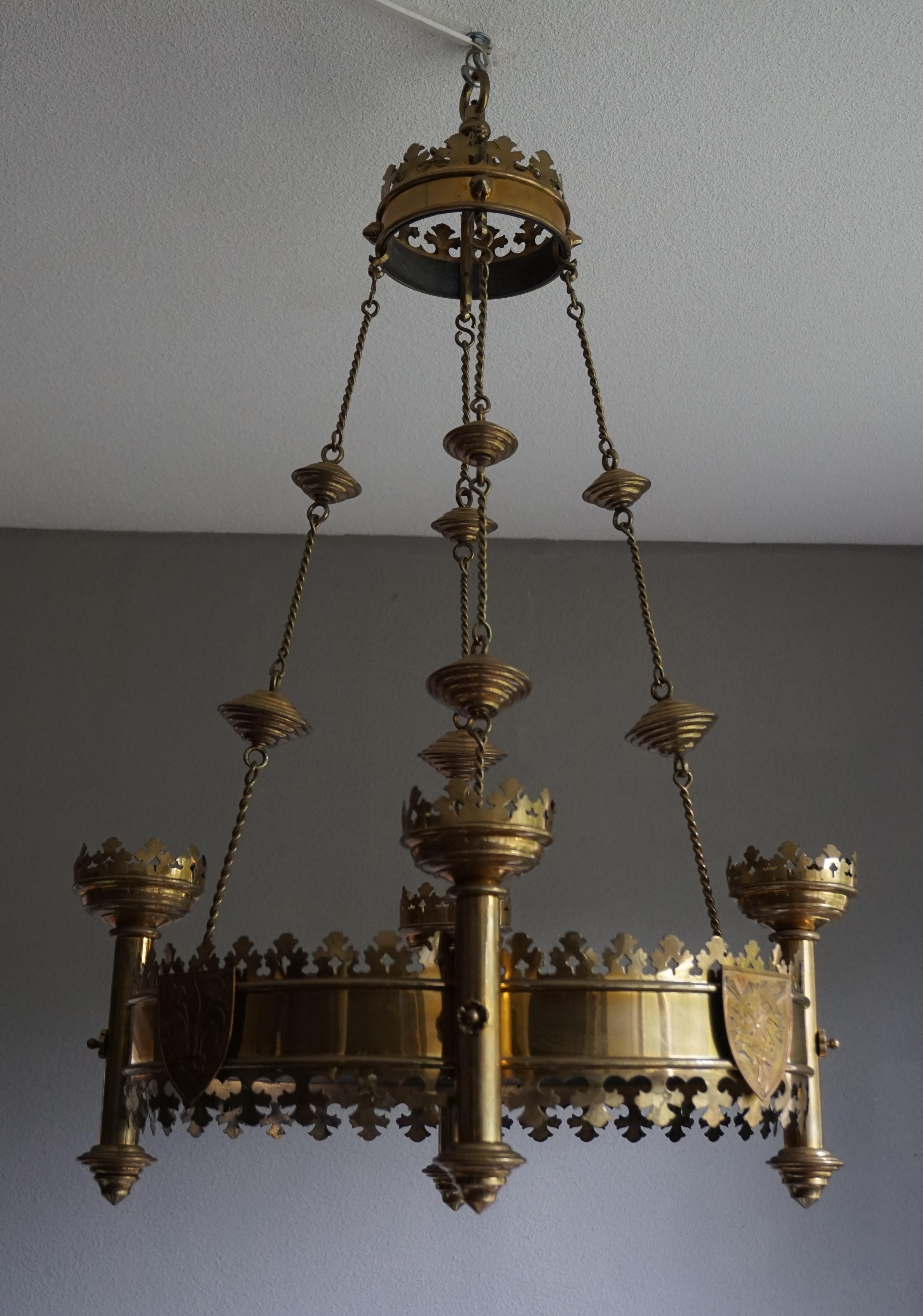 Rare and Striking Bronze & Brass Gothic Revival Advent Wreath Candle Chandelier 5